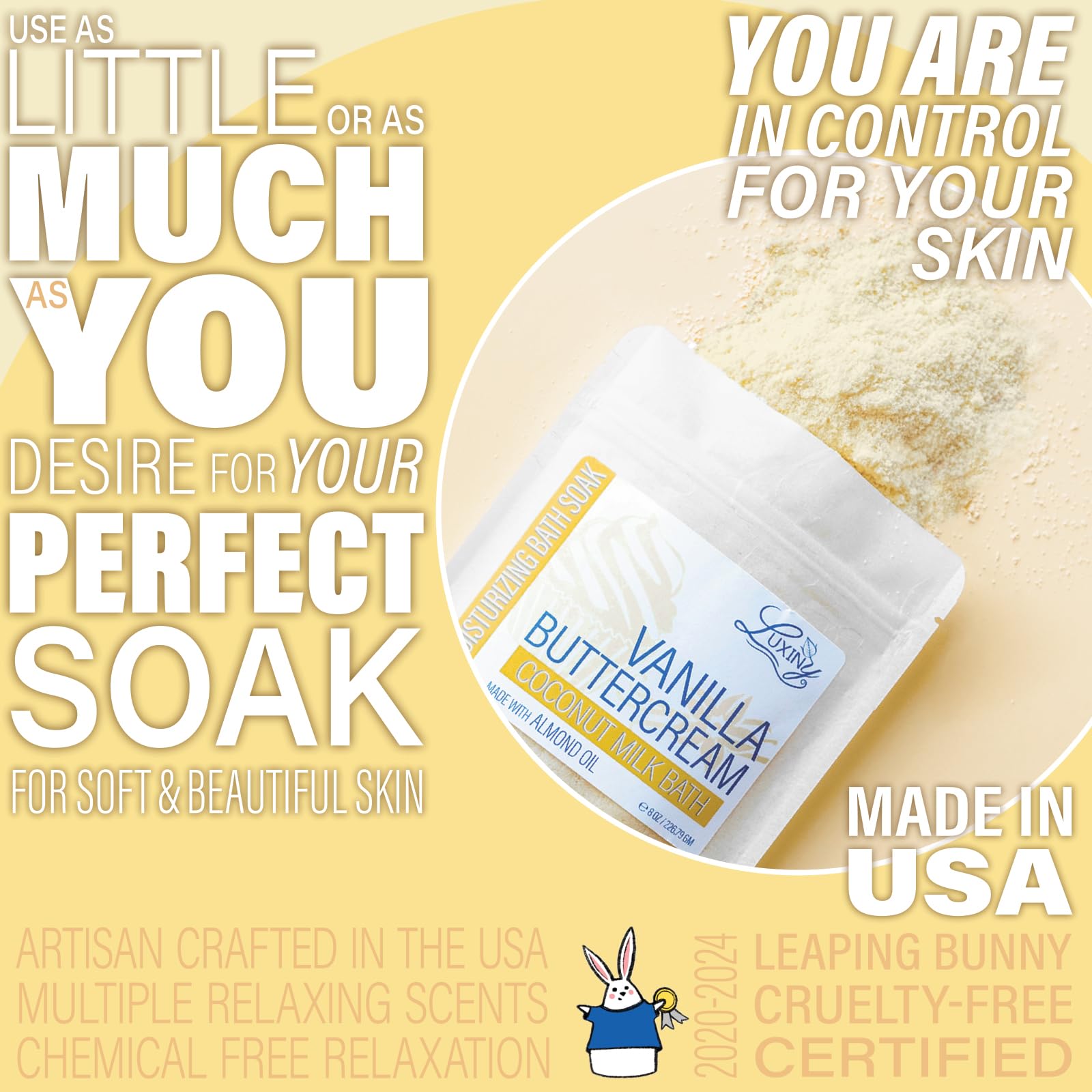 Luxiny Vegan Milk Bath Soak with Coconut Milk Powder & Sweet Almond Oil — Vanilla Buttercream, 8 oz