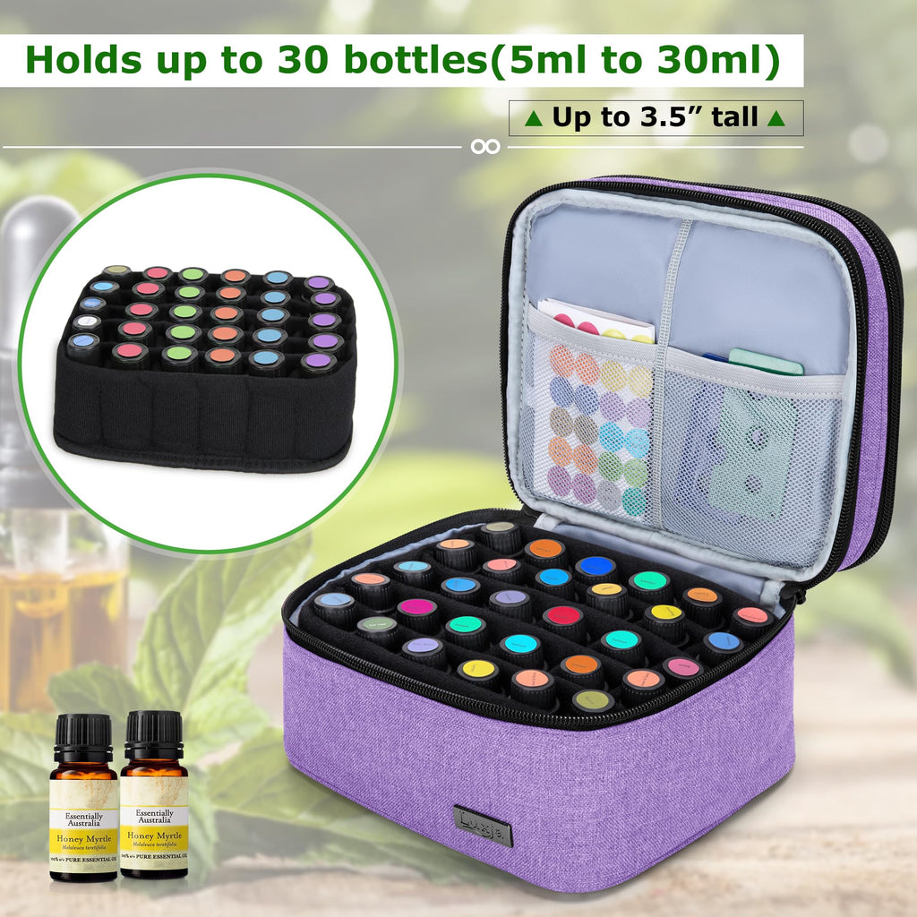 Luxja Essential Oil Carrying Case – Holds 30 Bottles (5ml-30ml) | Double-Layer Organizer (Lavender) - Bag Only