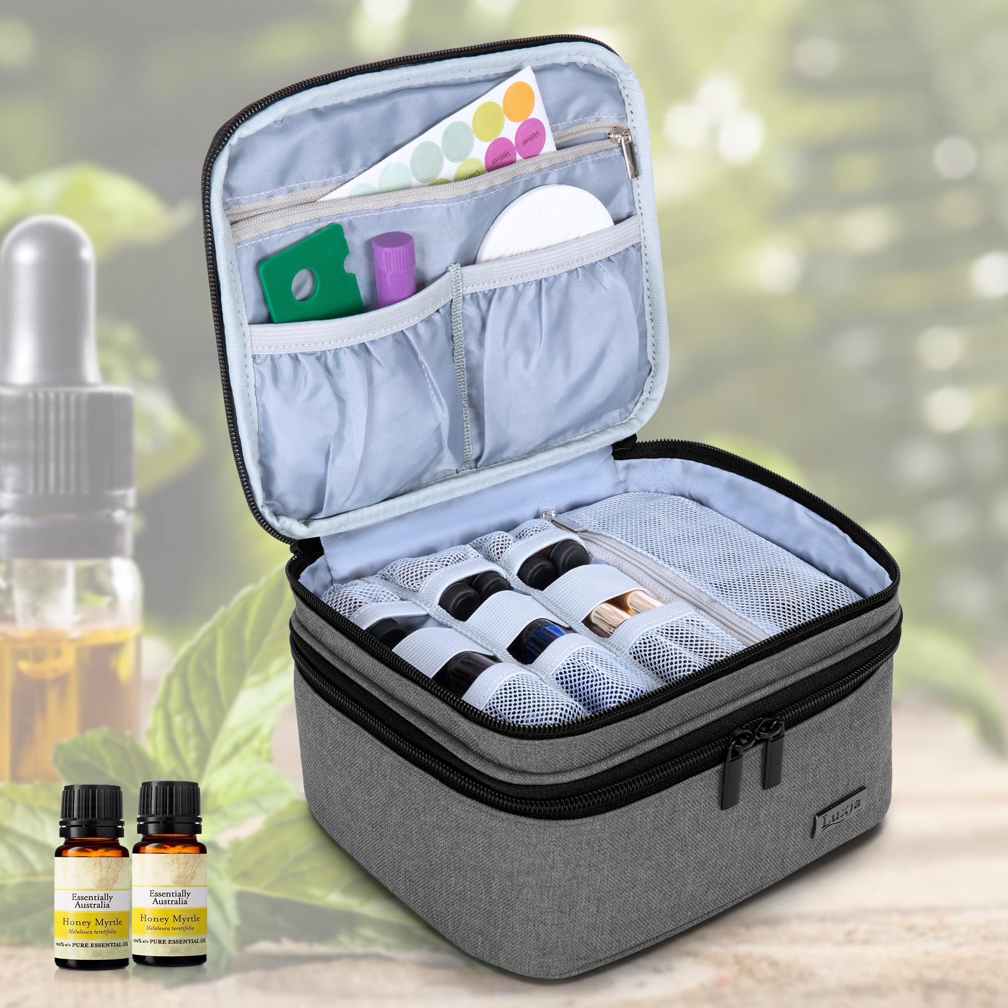 LUXJA Essential Oil Carrying Case — Holds 30 Bottles (5–30ml) | Double-Layer Organizer, Gray