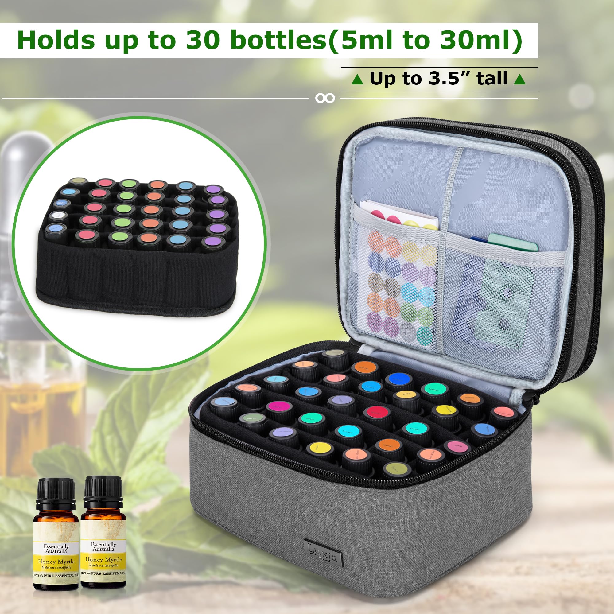 LUXJA Essential Oil Carrying Case — Holds 30 Bottles (5–30ml) | Double-Layer Organizer, Gray