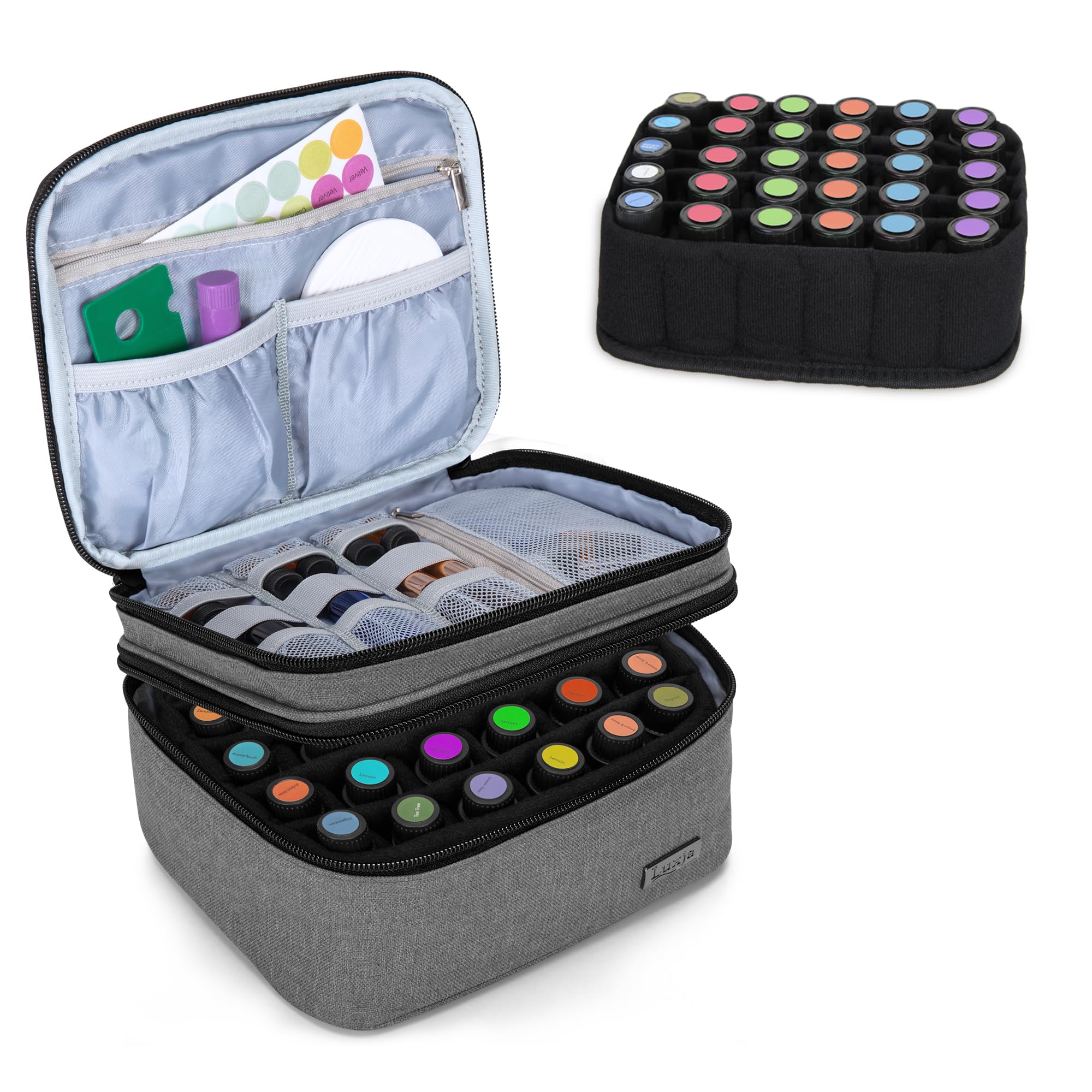 LUXJA Essential Oil Carrying Case — Holds 30 Bottles (5–30ml) | Double-Layer Organizer, Gray