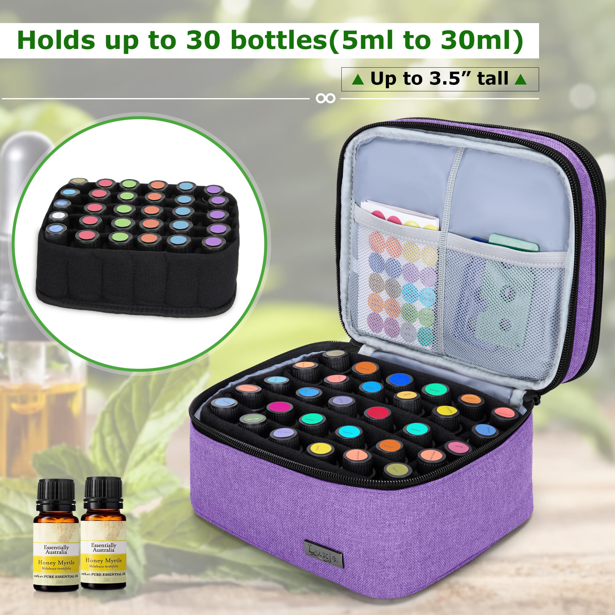 LUXJA Essential Oil Carrying Case – Holds 30 Bottles (5ml-30ml) Purple | Double Layer Organizer