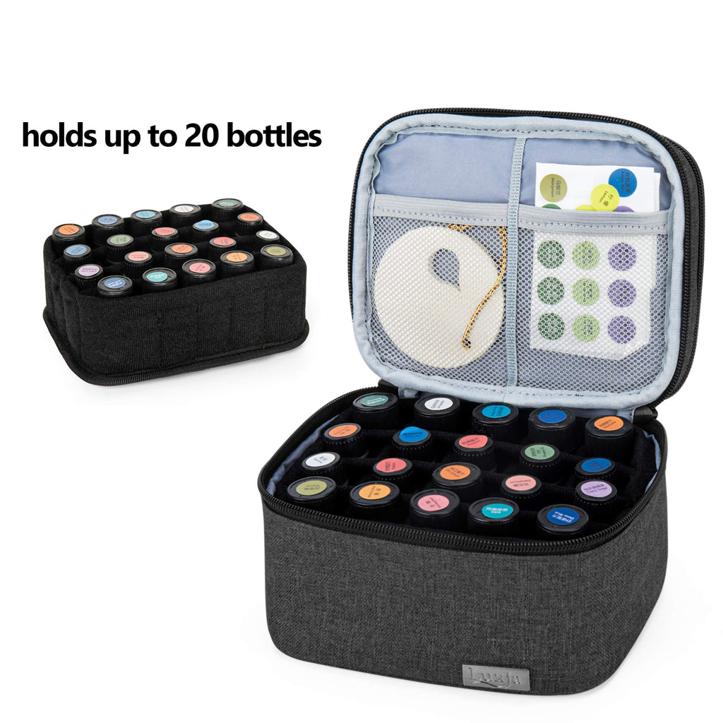 LUXJA Essential Oils Bag - Holds 20 Bottles (5–30 ml), Fits Rollers | Double-Layer Organizer | Black