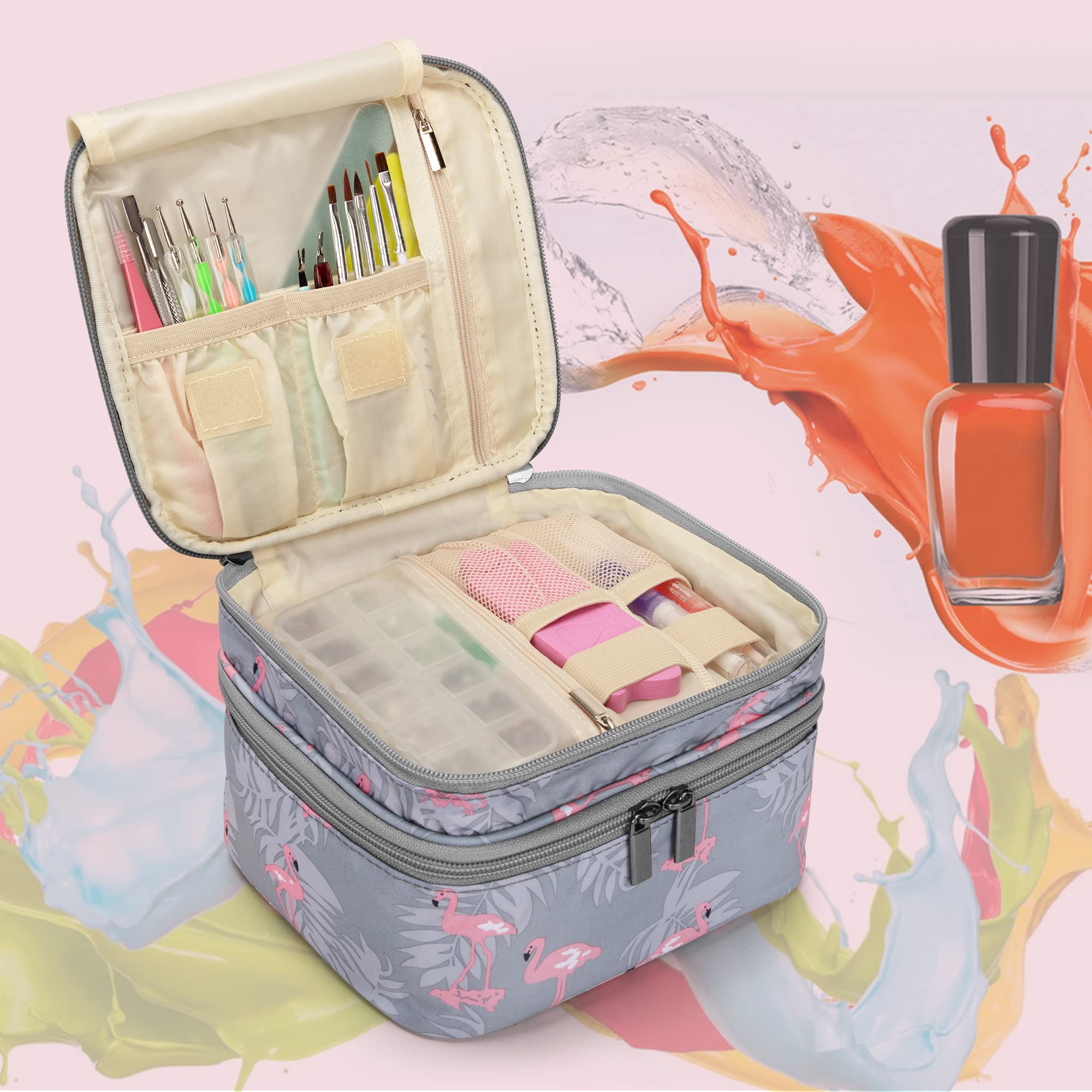 LUXJA Nail Polish Carrying Case - Holds 20 Bottles (15ml) - Flamingo, Double-Layer Organizer