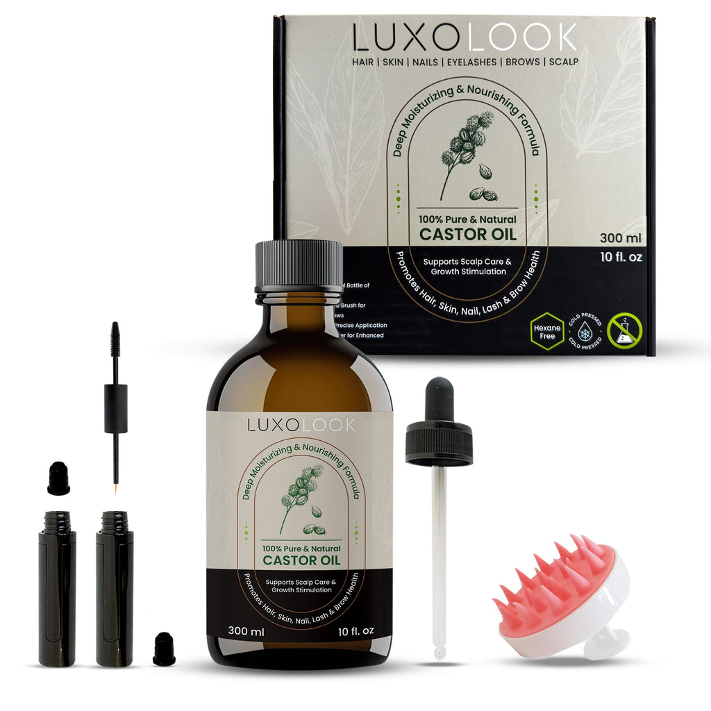 LuxoLook Pure Castor Oil – Cold-Pressed, Hexane-Free 100% Castor Oil for Hair, Skin, Lashes, Brows & Nails | Includes Dropper, Mascara Wand & Scalp Massager