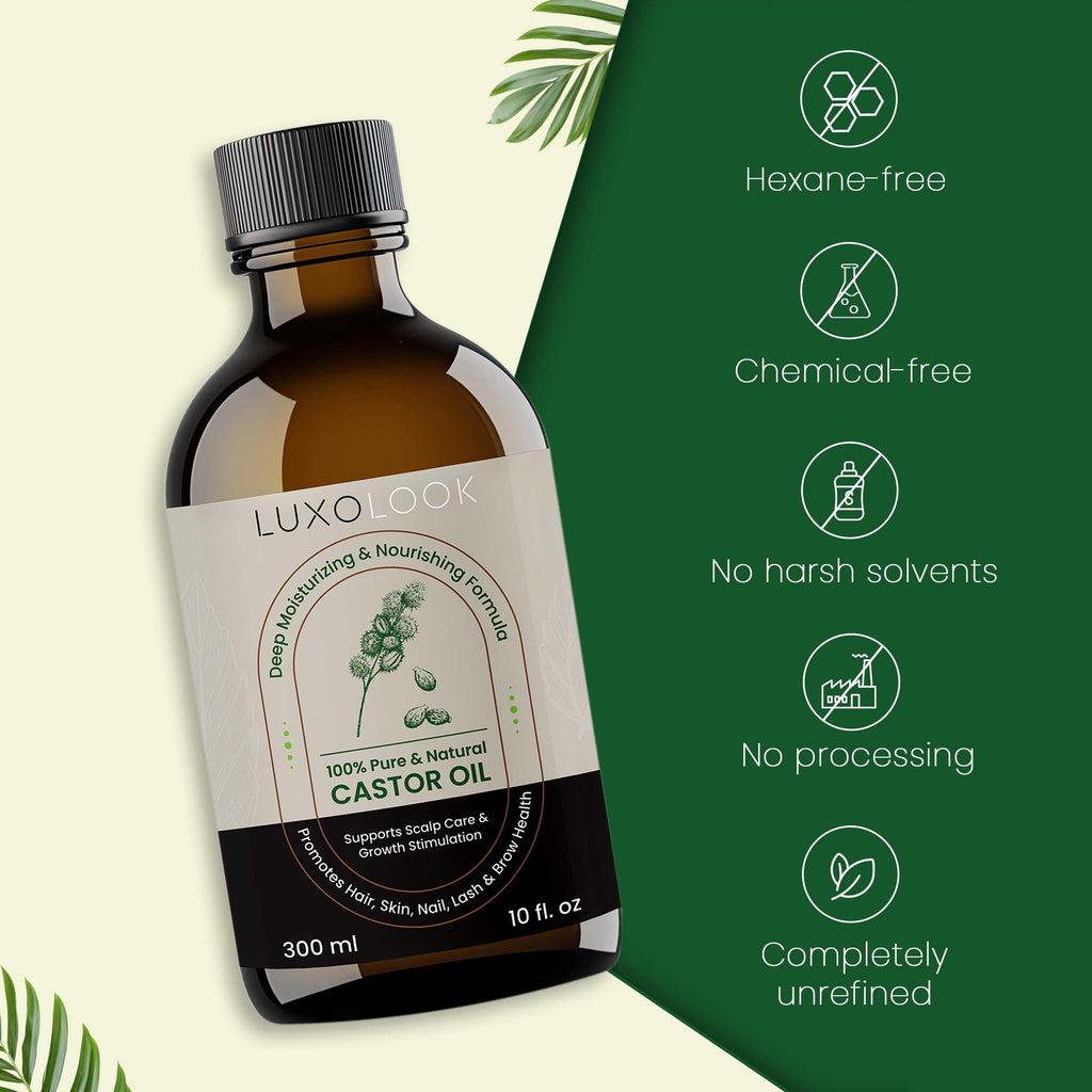 LuxoLook Pure Castor Oil – Cold-Pressed, Hexane-Free 100% Castor Oil for Hair, Skin, Lashes, Brows & Nails | Includes Dropper, Mascara Wand & Scalp Massager