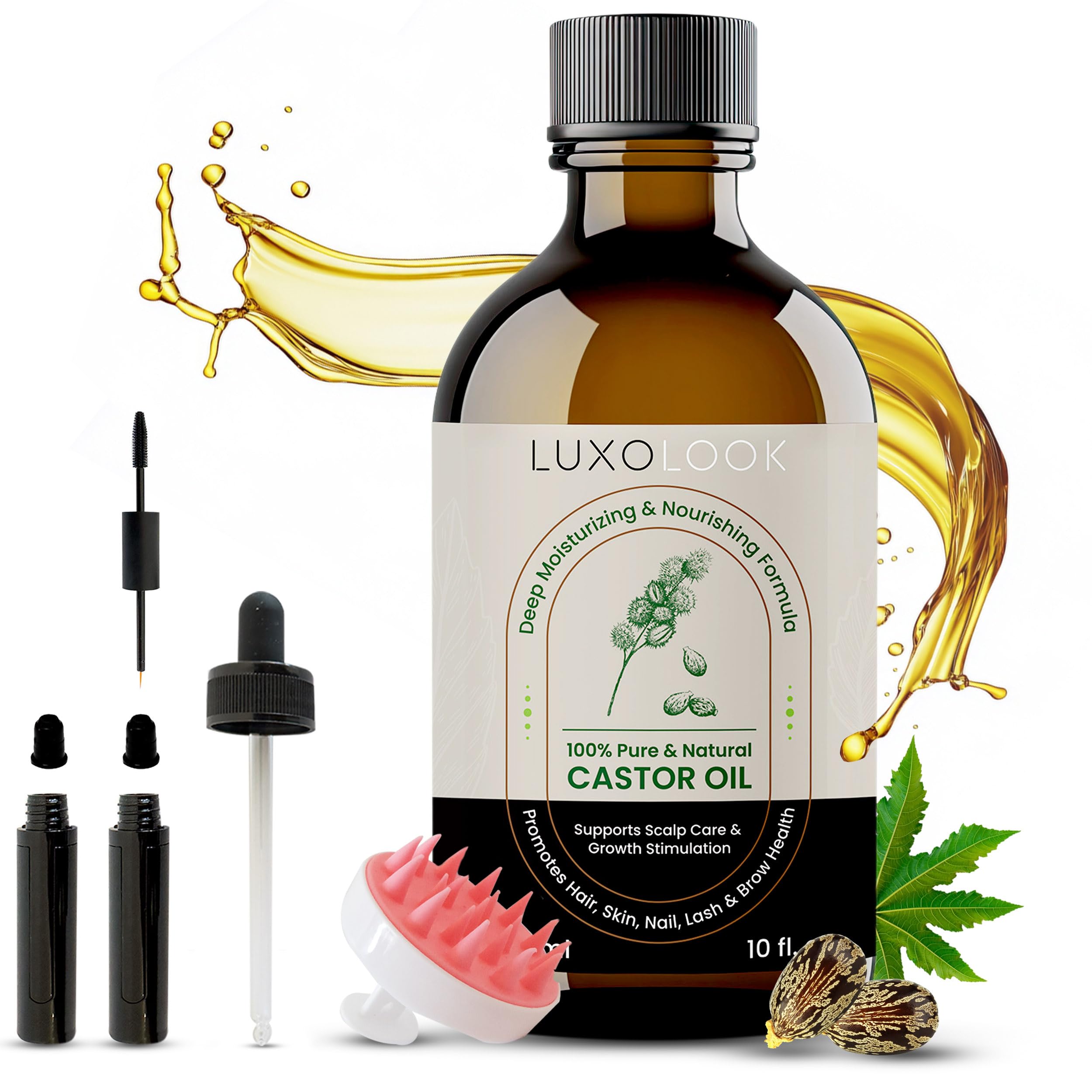 LuxoLook Pure Castor Oil – Cold-Pressed, Hexane-Free 100% Castor Oil for Hair, Skin, Lashes, Brows & Nails | Includes Dropper, Mascara Wand & Scalp Massager