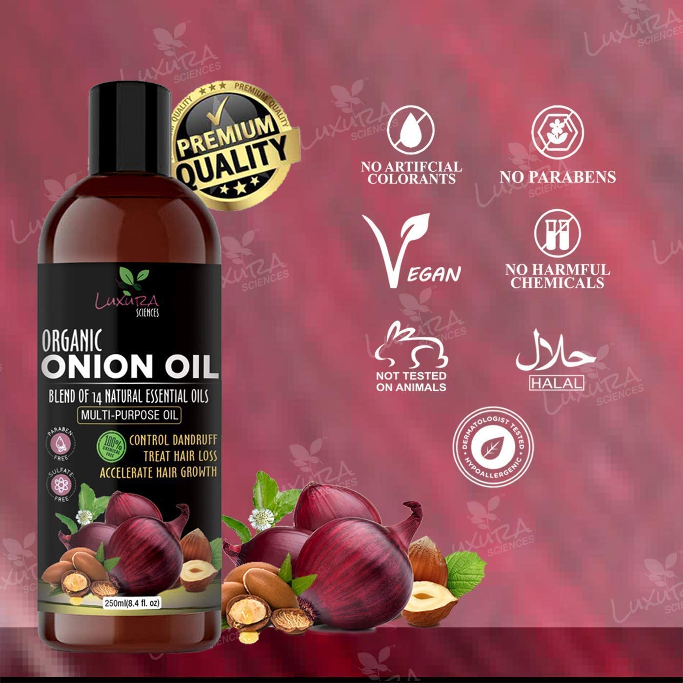 Luxura Sciences Organic Onion Oil | Hair Growth, Dandruff Control & Strong Roots | 8.45 fl oz