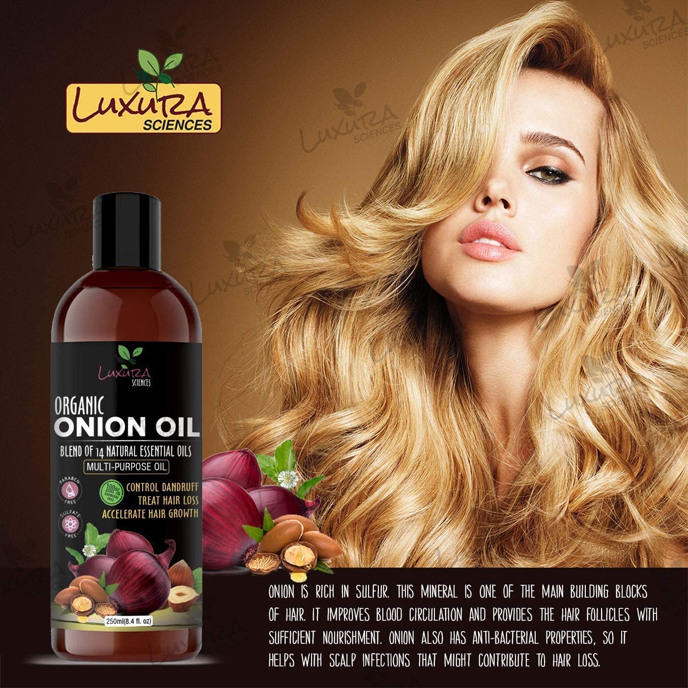 Luxura Sciences Organic Onion Oil | Hair Growth, Dandruff Control & Strong Roots | 8.45 fl oz