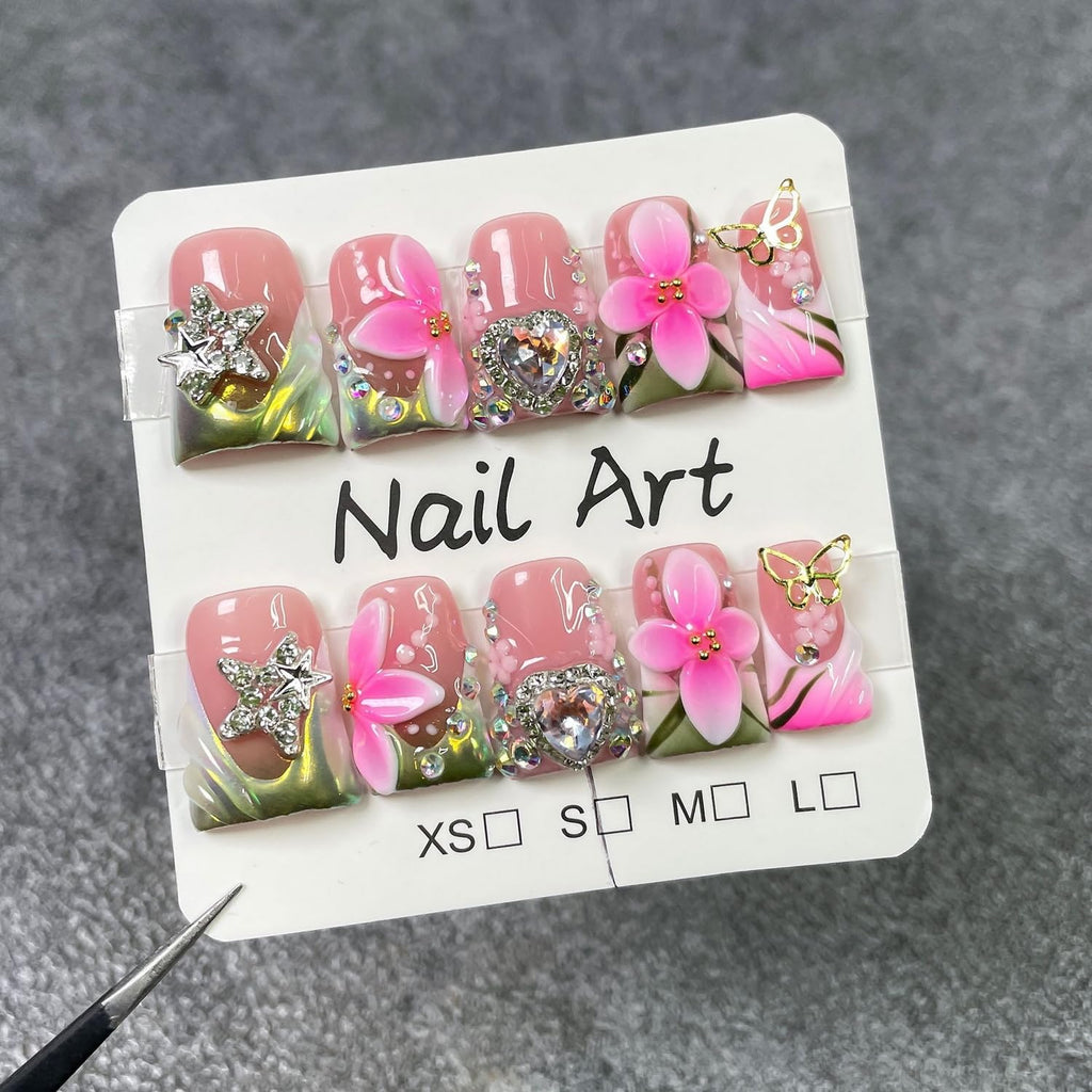 Luxury Duck Press-On Nails – Handmade Flower & Rhinestone Hearts, Green French Tip, Short Acrylic