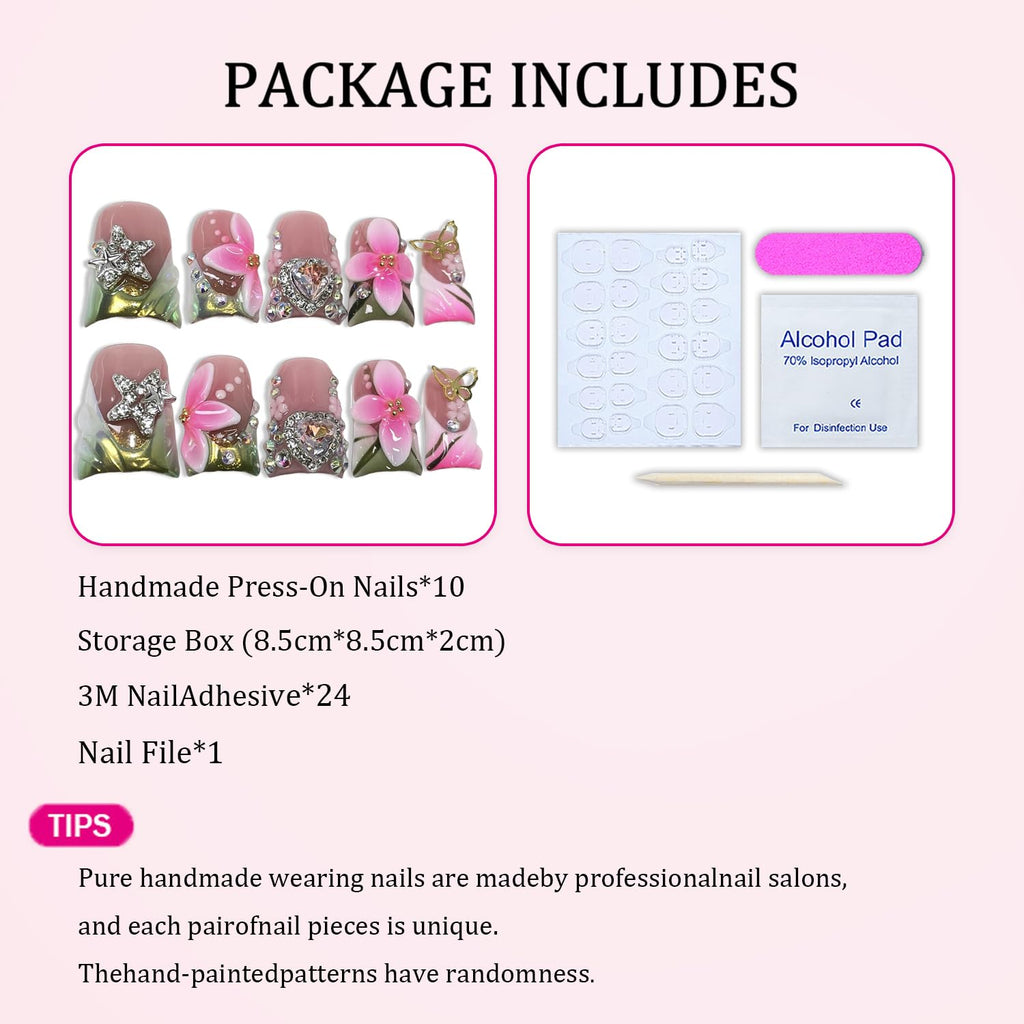 Luxury Duck Press-On Nails – Handmade Flower & Rhinestone Hearts, Green French Tip, Short Acrylic