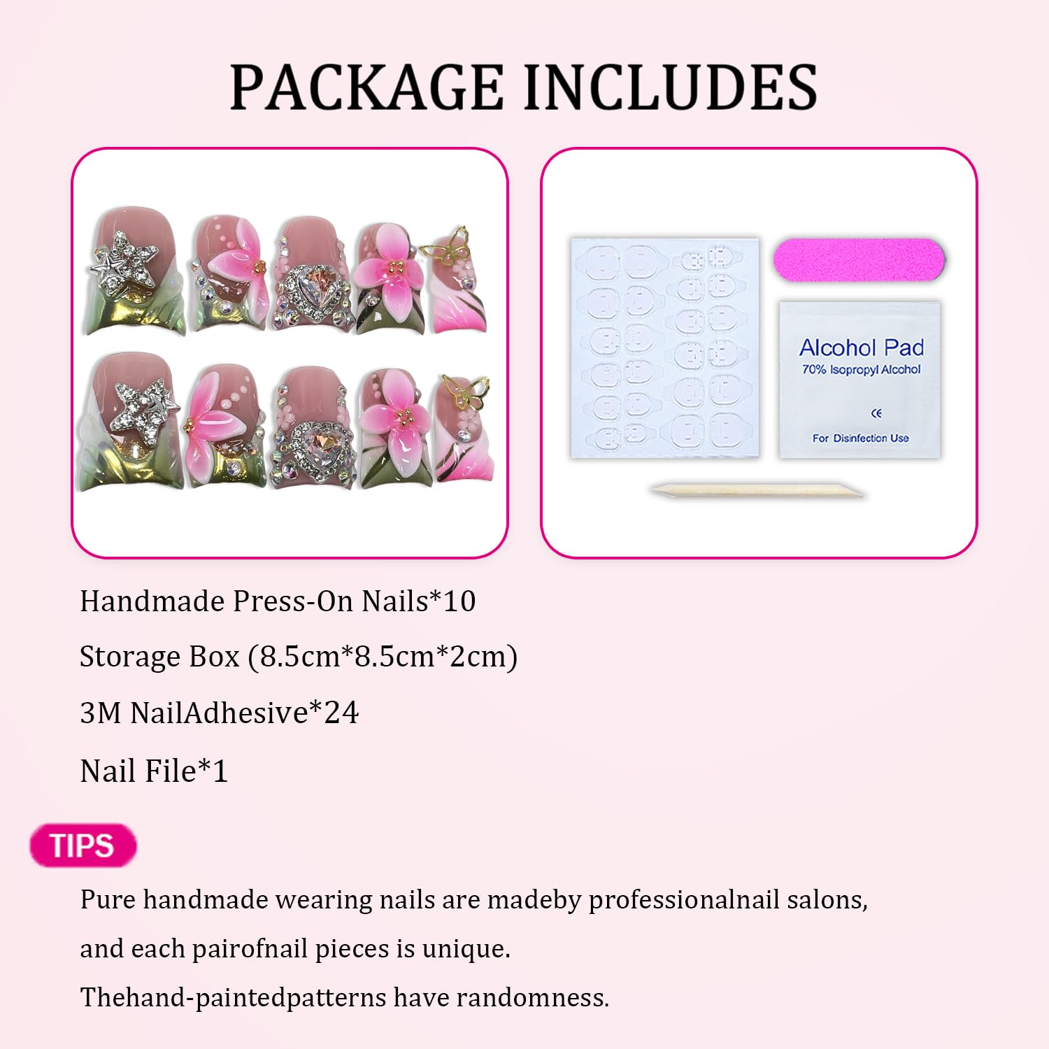 Luxury Duck Press-On Nails – Handmade Flower & Rhinestone Hearts, Green French Tip, Short Acrylic