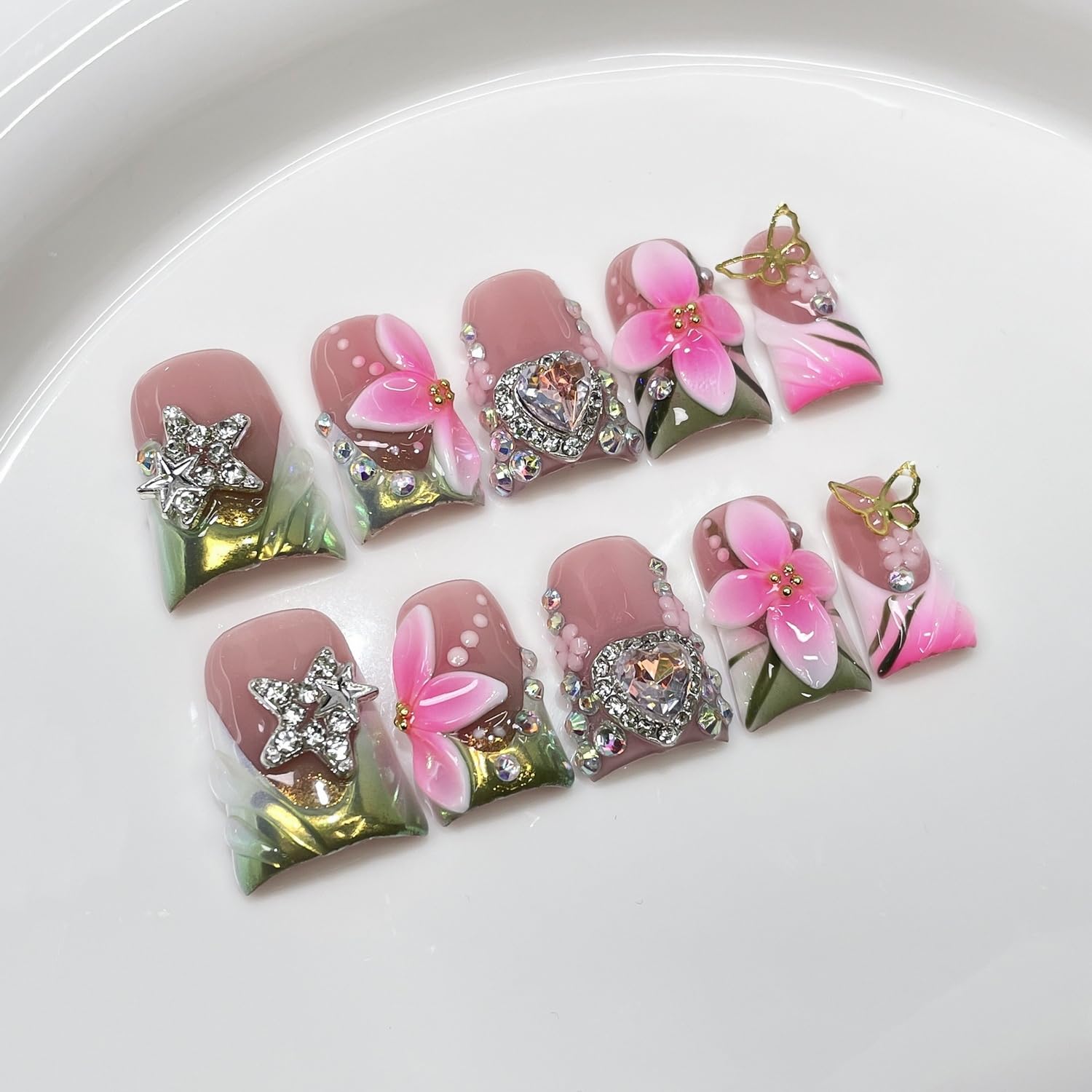 Luxury Duck Press-On Nails – Handmade Flower & Rhinestone Hearts, Green French Tip, Short Acrylic