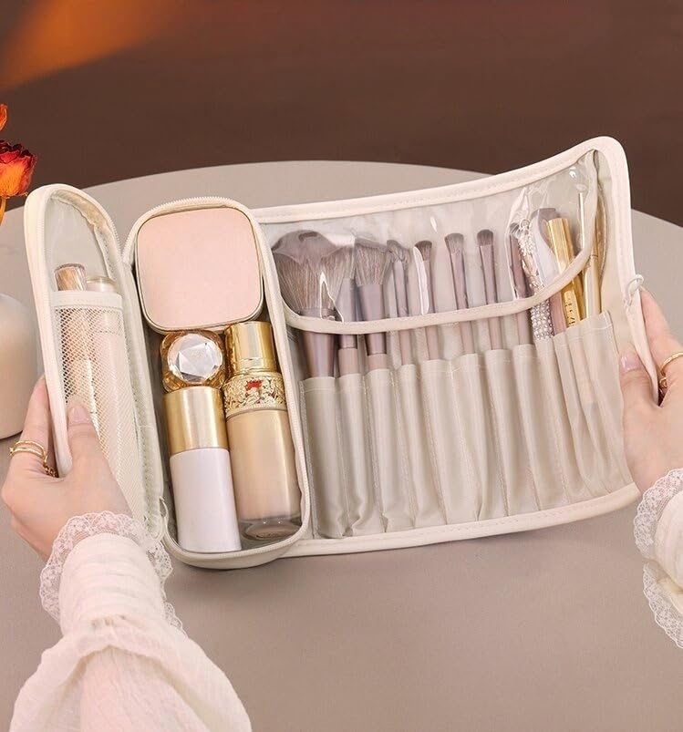 Luxury Leather Makeup Brush Case | Premium Roll-Up Cosmetic Organizer (Rose Pink)