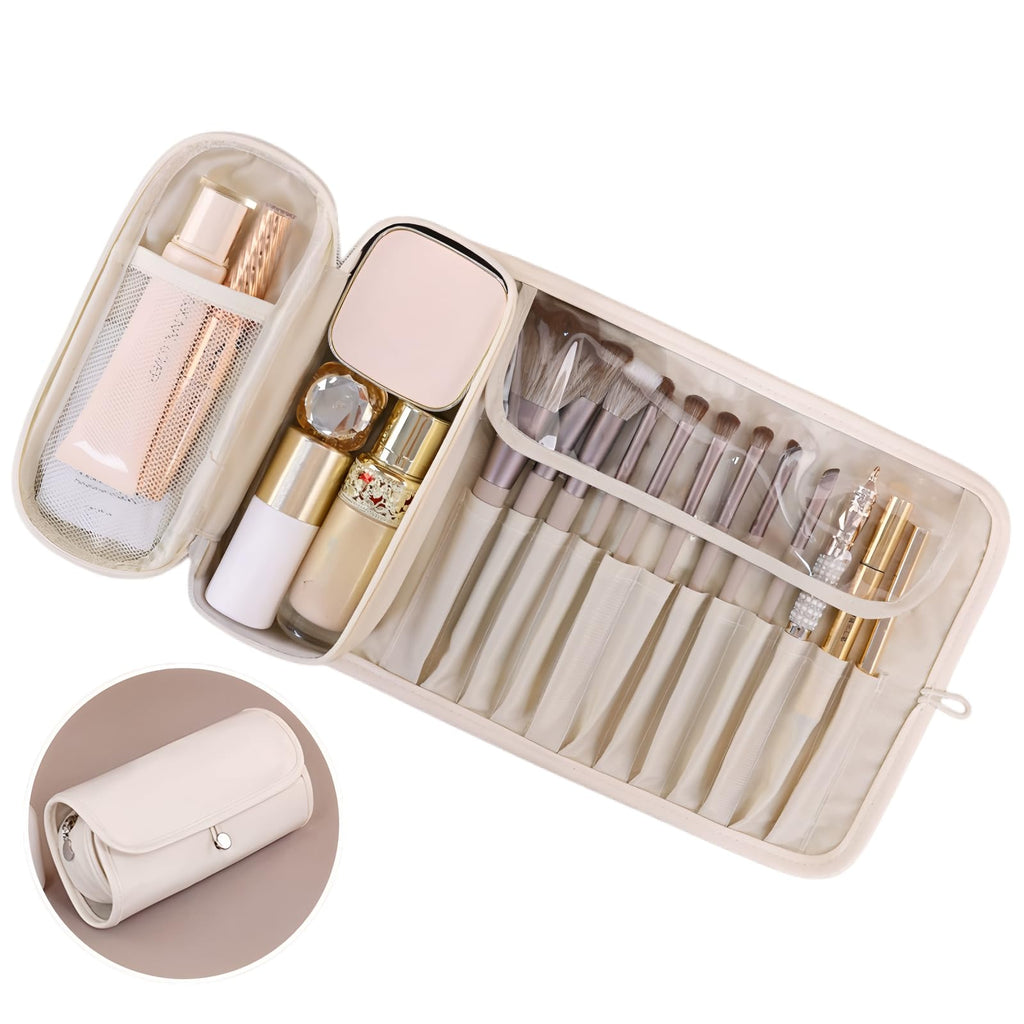 Luxury Leather Makeup Brush Case – Professional Roll-Up Organizer for Travel & Home (White)