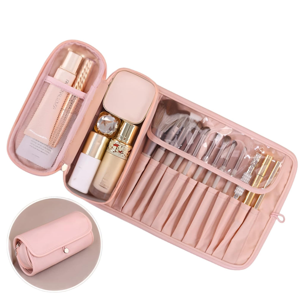Luxury Leather Makeup Brush Case | Premium Roll-Up Cosmetic Organizer (Rose Pink)