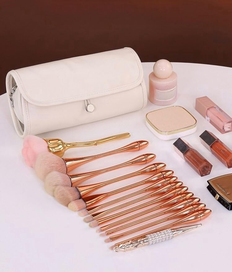 Luxury Leather Makeup Brush Case – Professional Roll-Up Organizer for Travel & Home (White)
