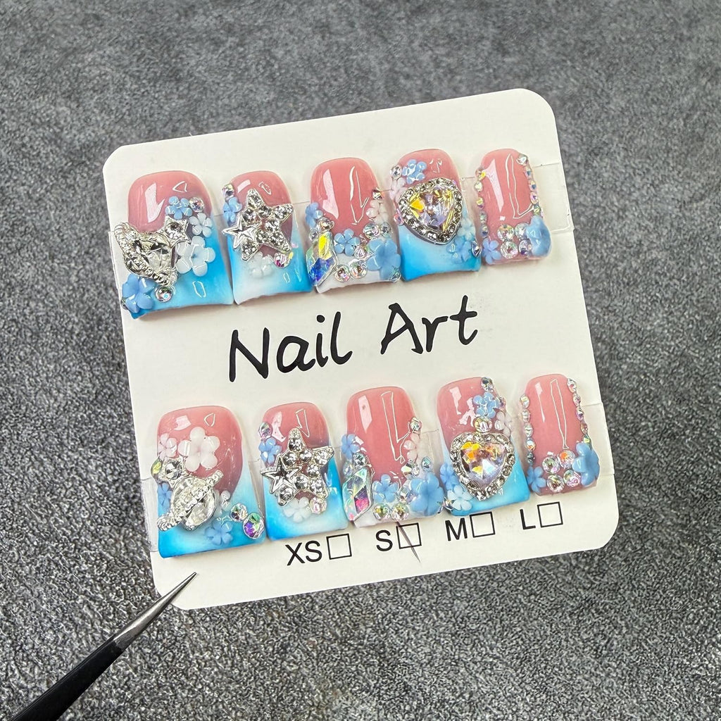 Luxury Press on Nails Short Duck - Handmade 3D Rhinestones, Blue White Gradient French Tip