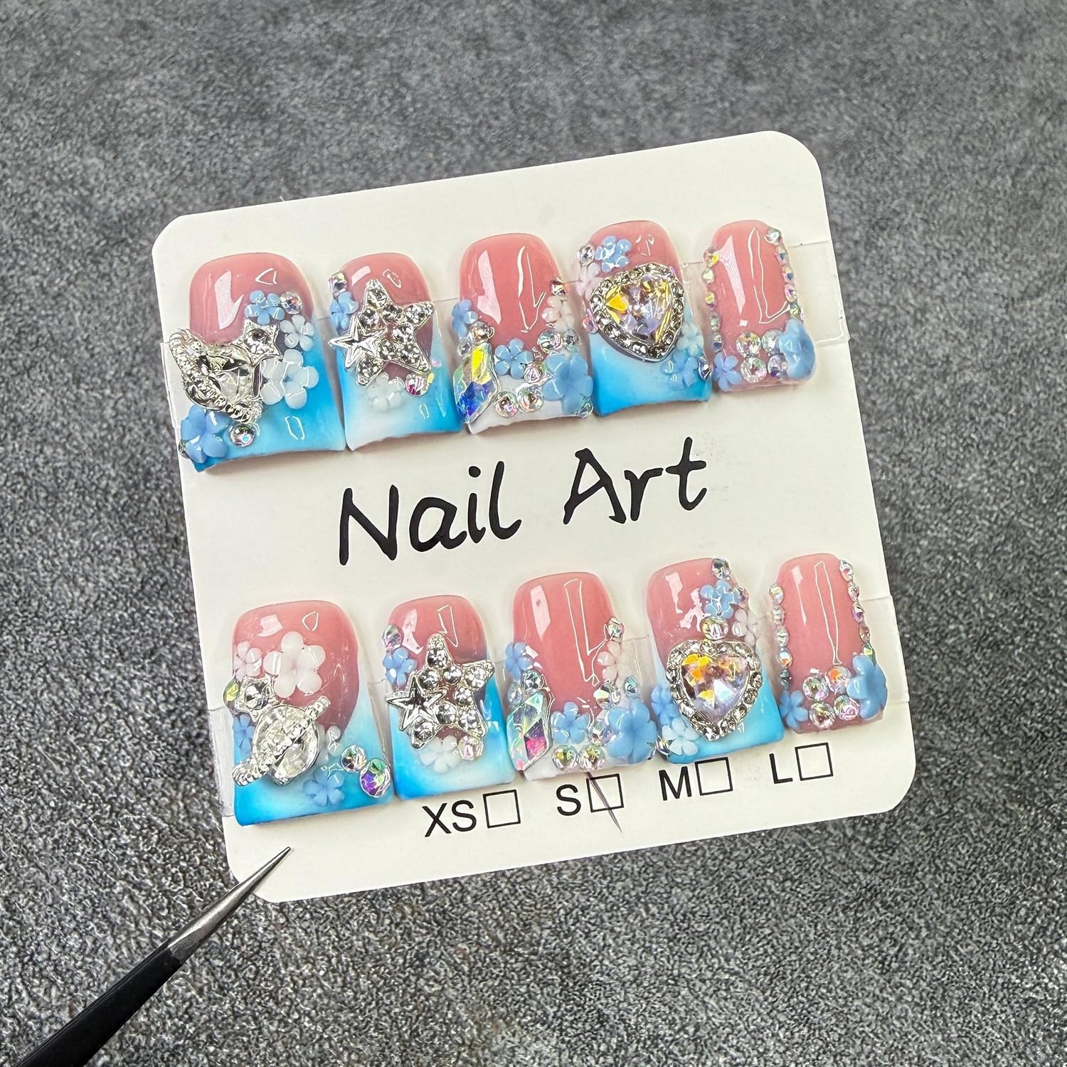 Luxury Press on Nails Short Duck - Handmade 3D Rhinestones, Blue White Gradient French Tip