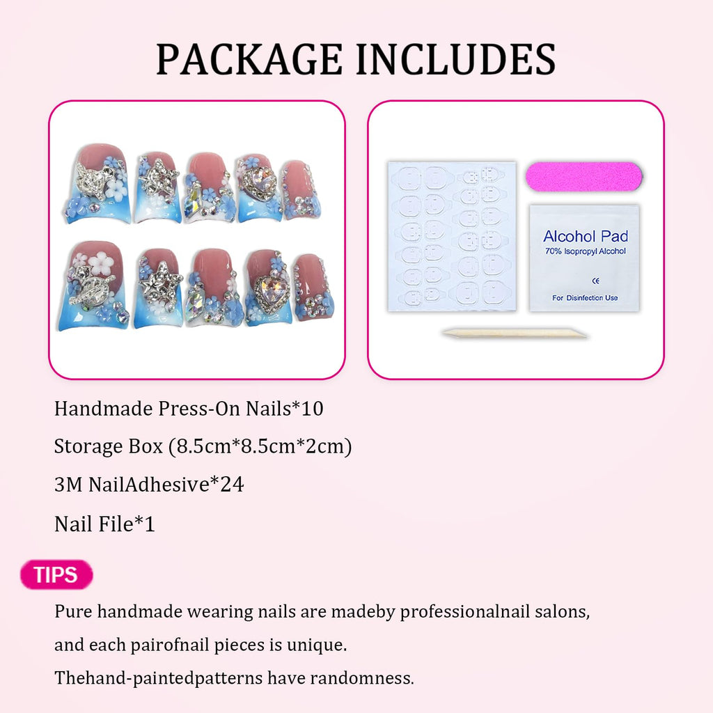 Luxury Press on Nails Short Duck - Handmade 3D Rhinestones, Blue White Gradient French Tip