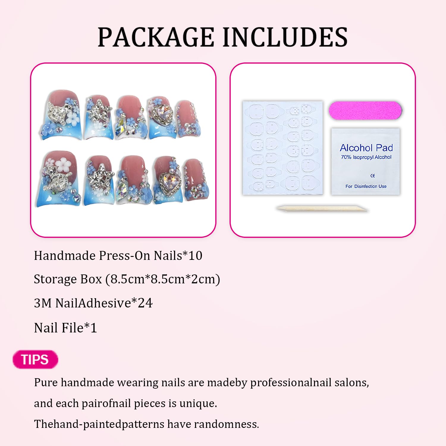 Luxury Press on Nails Short Duck - Handmade 3D Rhinestones, Blue White Gradient French Tip