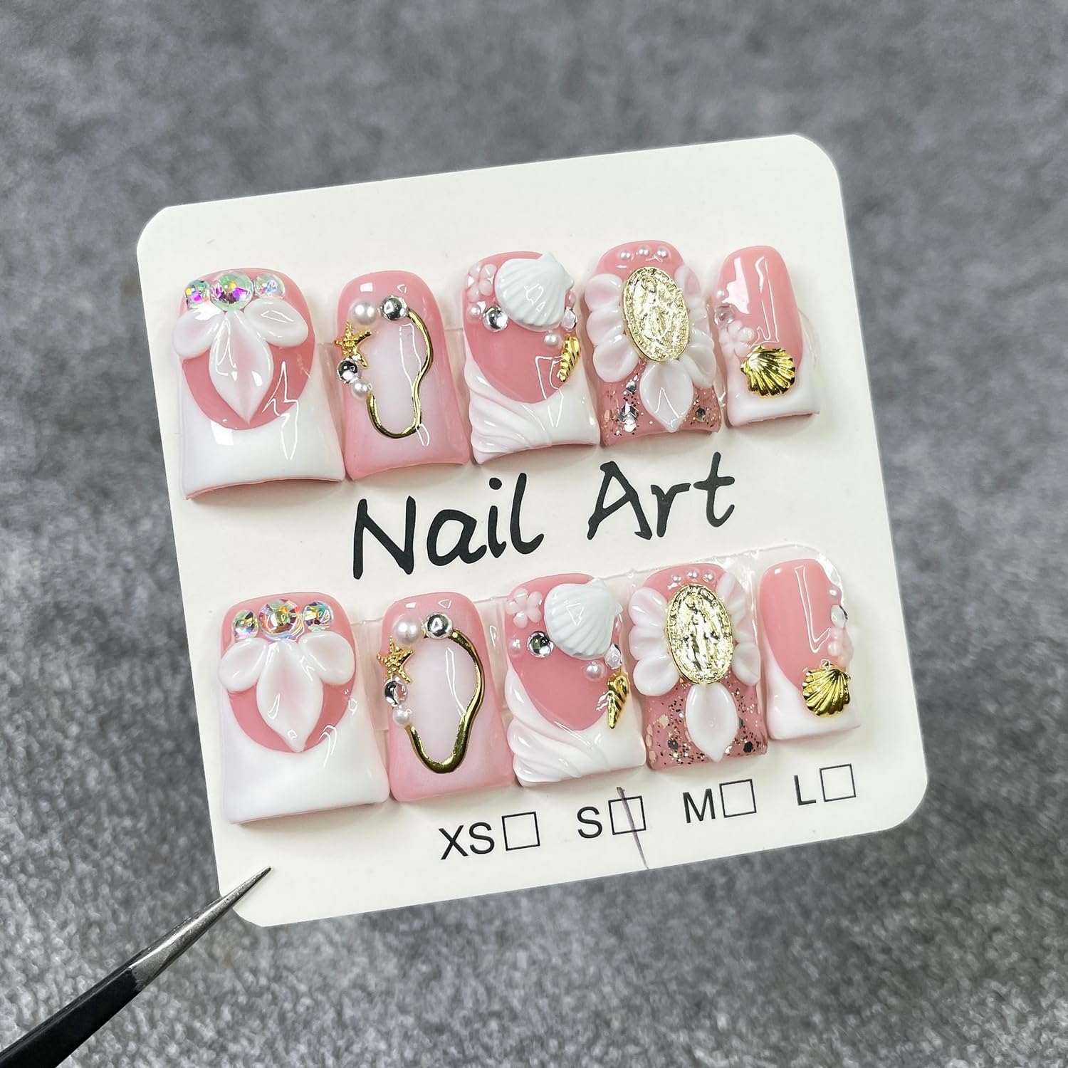 Luxury Press on Nails - Short Duck, 3D Shell & Flower Designs, White French Tip