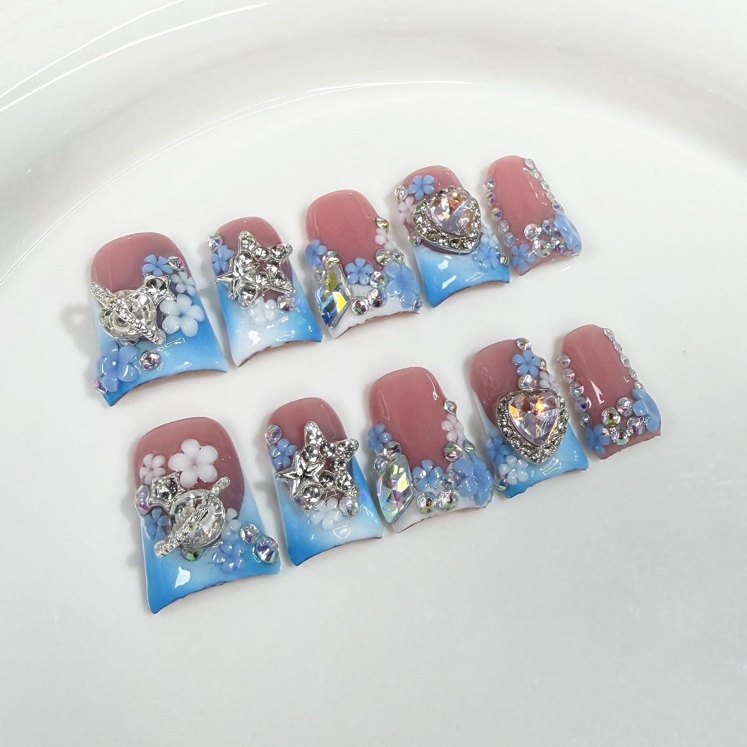 Luxury Press on Nails Short Duck - Handmade 3D Rhinestones, Blue White Gradient French Tip