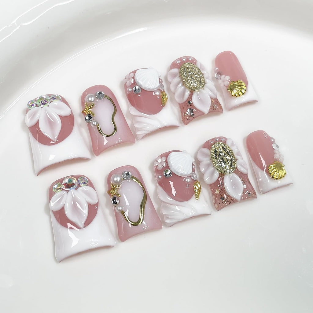 Luxury Press on Nails - Short Duck, 3D Shell & Flower Designs, White French Tip