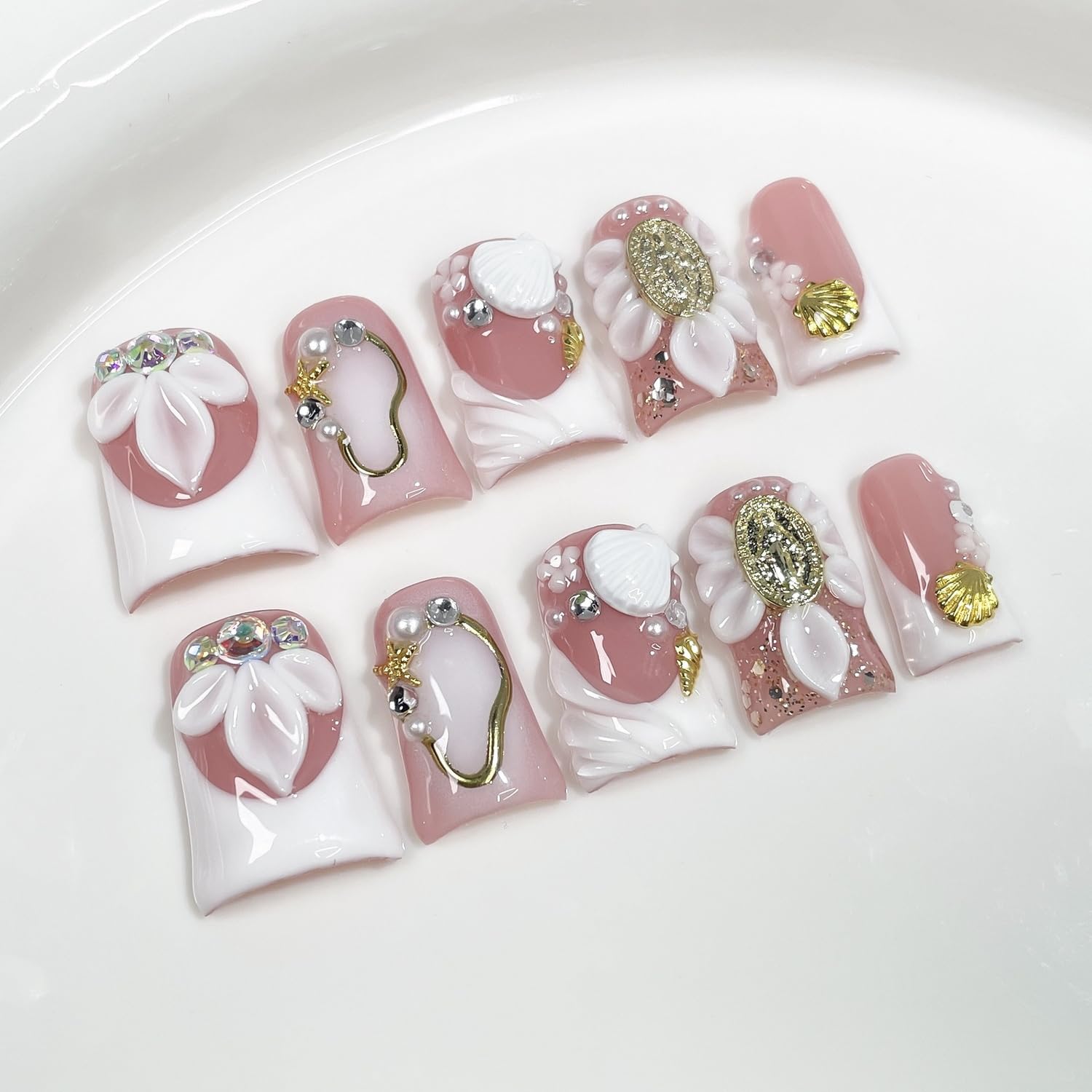 Luxury Press on Nails - Short Duck, 3D Shell & Flower Designs, White French Tip