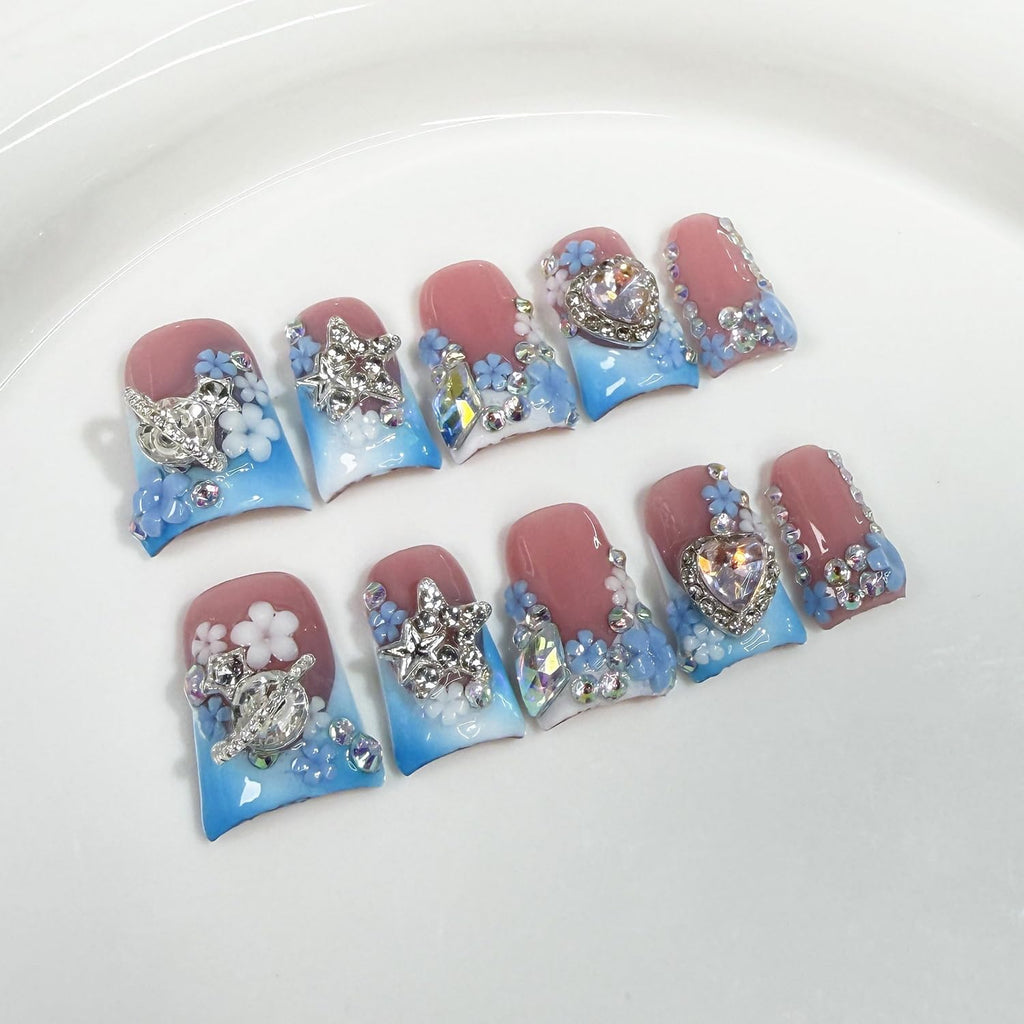 Luxury Handmade Press On Nails – Short Duck, Blue White Gradient, 3D Rhinestones & Floral French Tip (S)