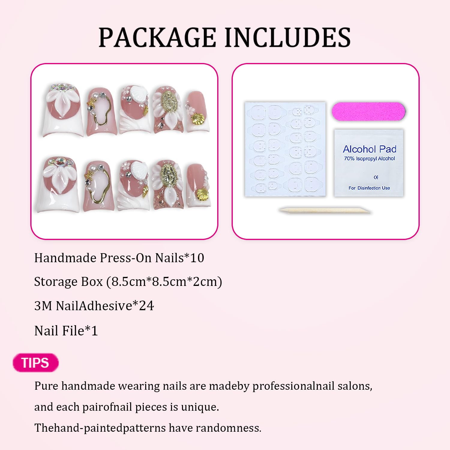 Luxury Press on Nails - Short Duck, 3D Shell & Flower Designs, White French Tip