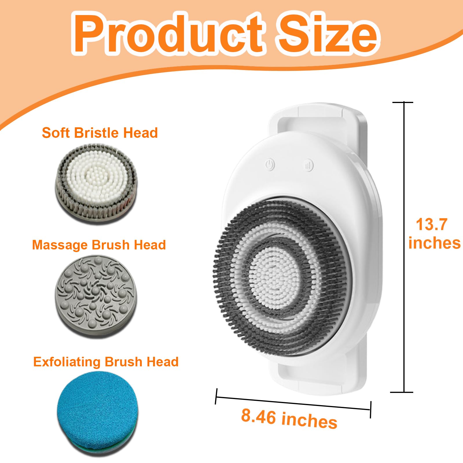 Lvrunben Electric Body Brush – Wall-Mmounted Back Scrubber with 3 Spin Heads, IPX7 Waterproof (8.5x13.6in)