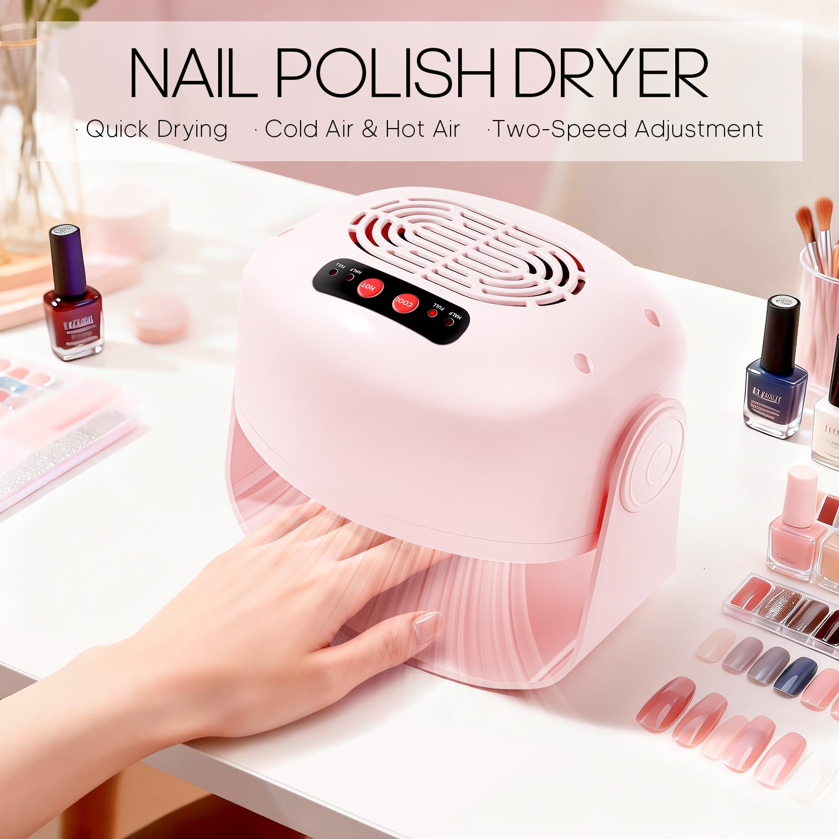 LXIANGN Nail Fan Dryer — Adjustable Wind, 100° Rotatable Head, Safe Hot & Cool Air for Regular Polish