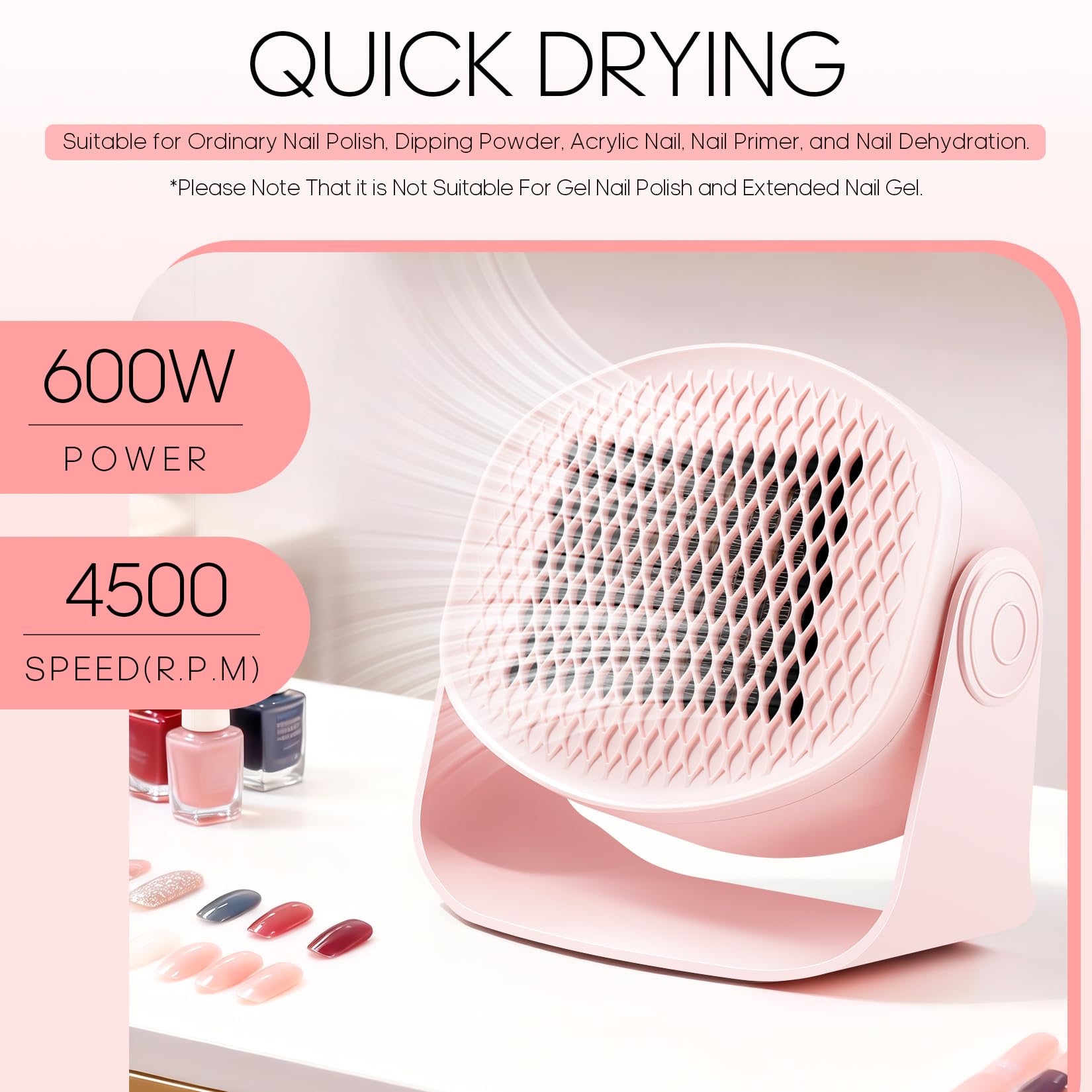 LXIANGN Nail Fan Dryer — Adjustable Wind, 100° Rotatable Head, Safe Hot & Cool Air for Regular Polish