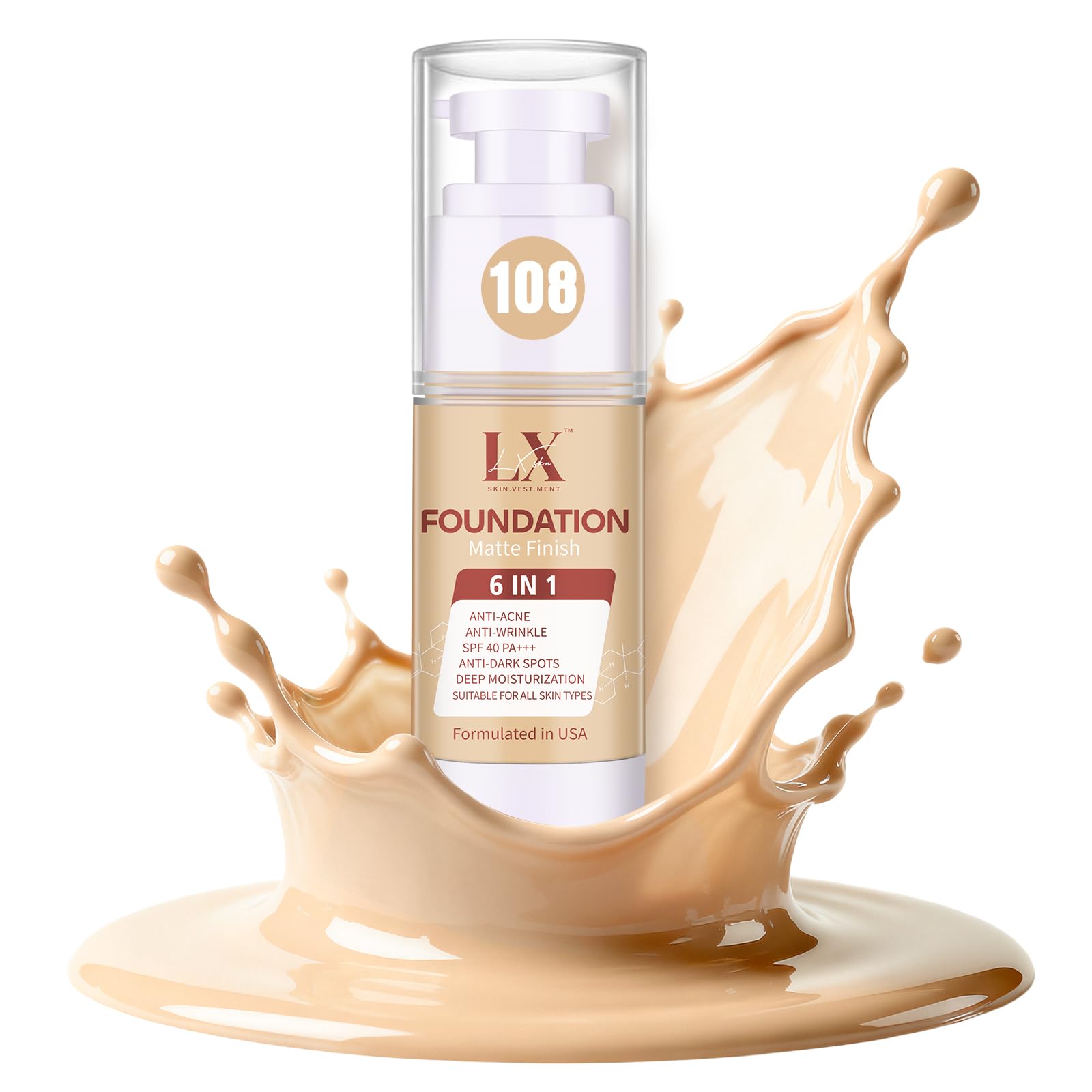 LXSKN 6-in-1 Matte Foundation with 1% Hyaluronic Acid – Shade 108 Light | All Skin Types