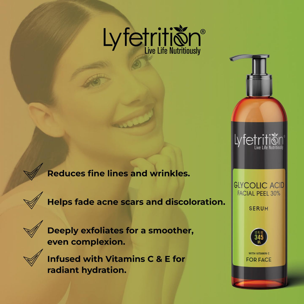 Lyfetrition Glycolic 30% Renewal Serum with Vitamins C & E – Brightening & Exfoliating (12 oz)