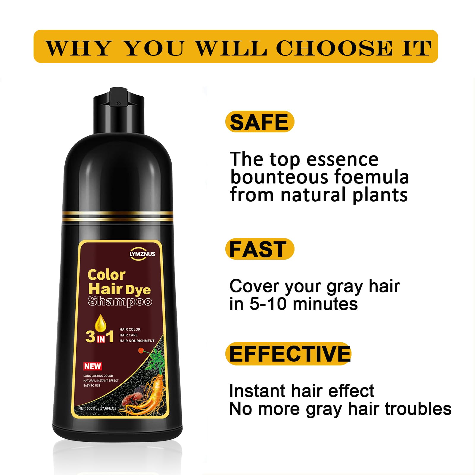 Lymznus Dark Chocolate Hair Dye Shampoo 3-in-1 for Gray Coverage | 500ml