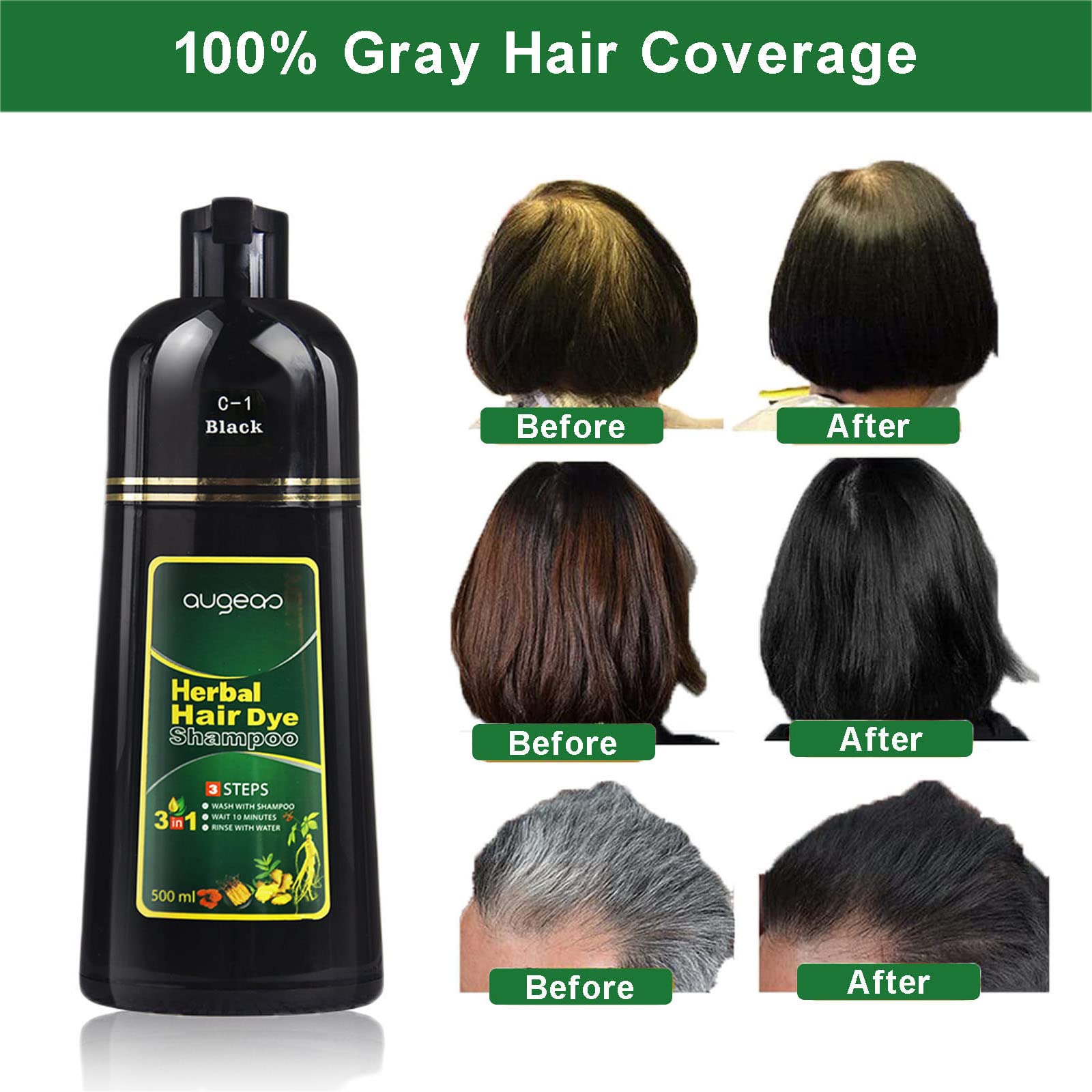 lymznus Natural Black Hair Color Shampoo for Gray Coverage - 3-in-1 Herbal Dye, 500ml