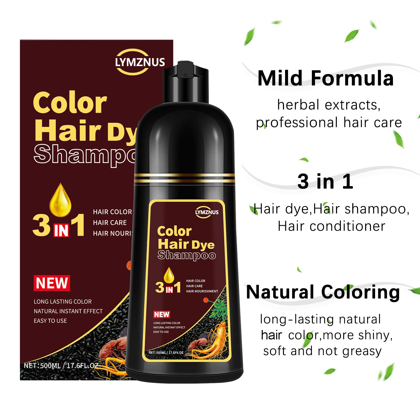 Lymznus Instant Chestnut Hair Color Shampoo – 3-in-1 Chestnut Brown Dye, 500ml
