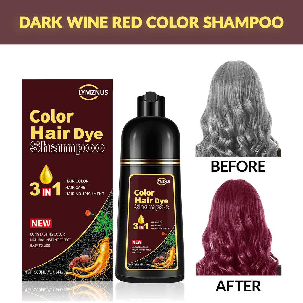 Lymznus Hair Dye Shampoo 3-in-1 Dark Wine Red for Gray Hair Coverage – 500ml