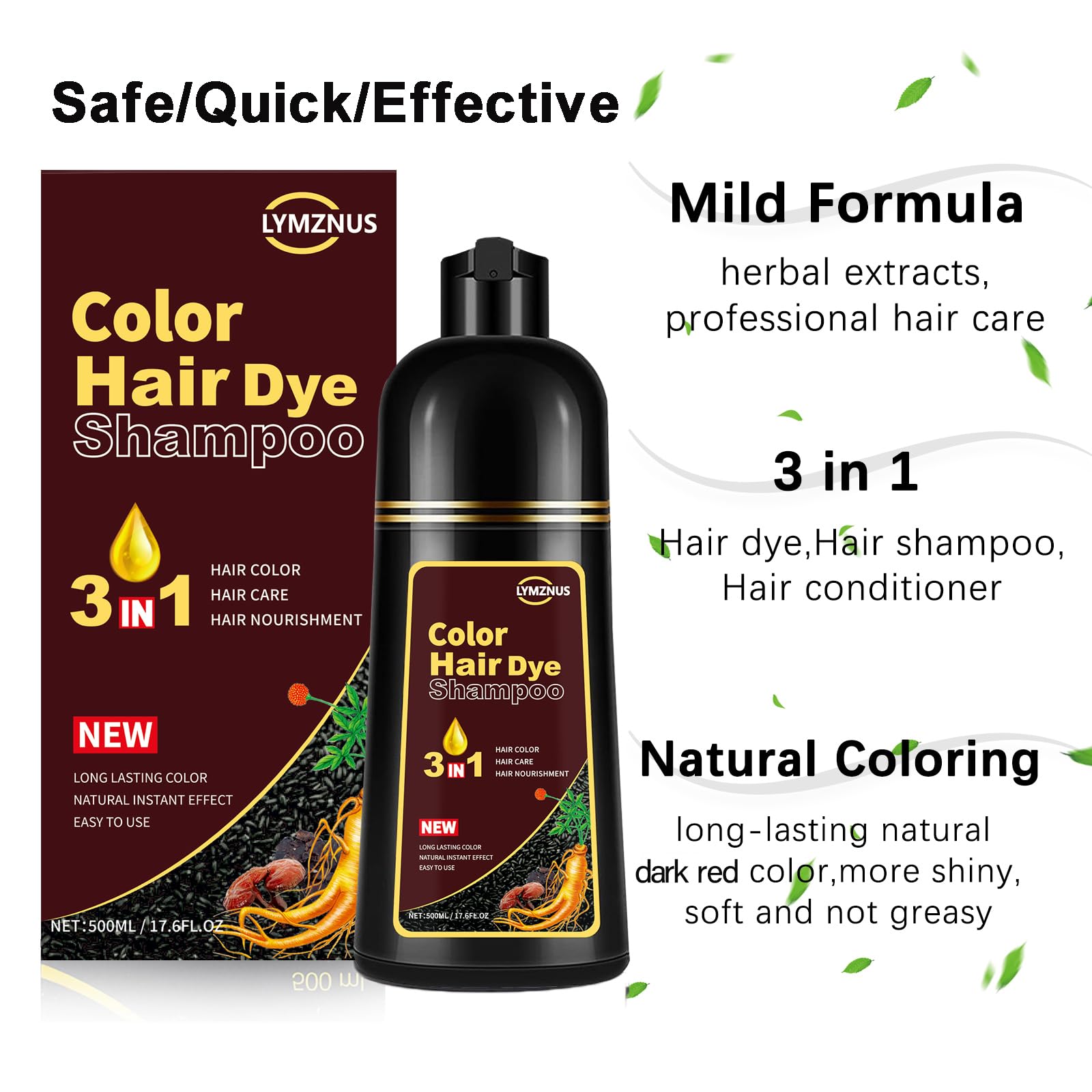 Lymznus Hair Dye Shampoo 3-in-1 Dark Wine Red for Gray Hair Coverage – 500ml