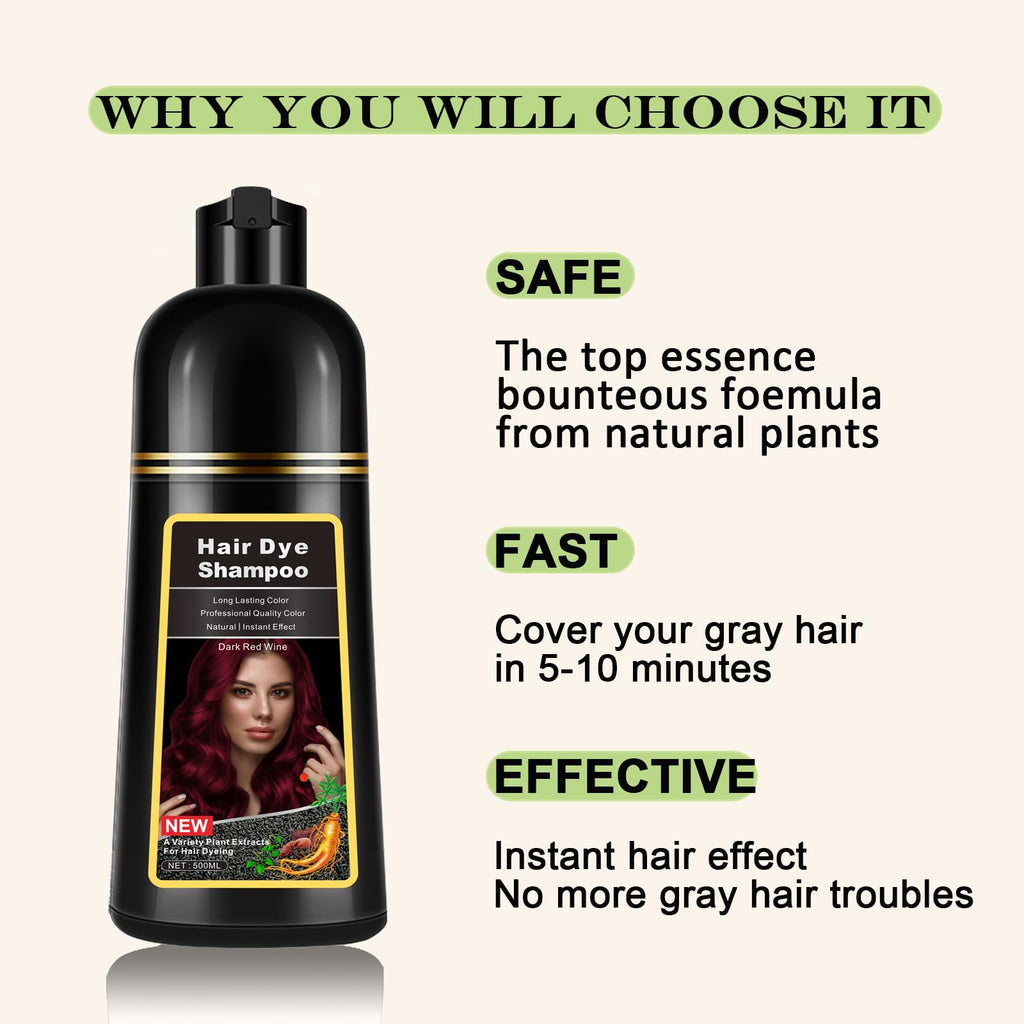 lymznus Instant Dark Wine Red Hair Dye Shampoo 3 in 1 for Gray Hair – At-Home Color, 17.6 fl oz