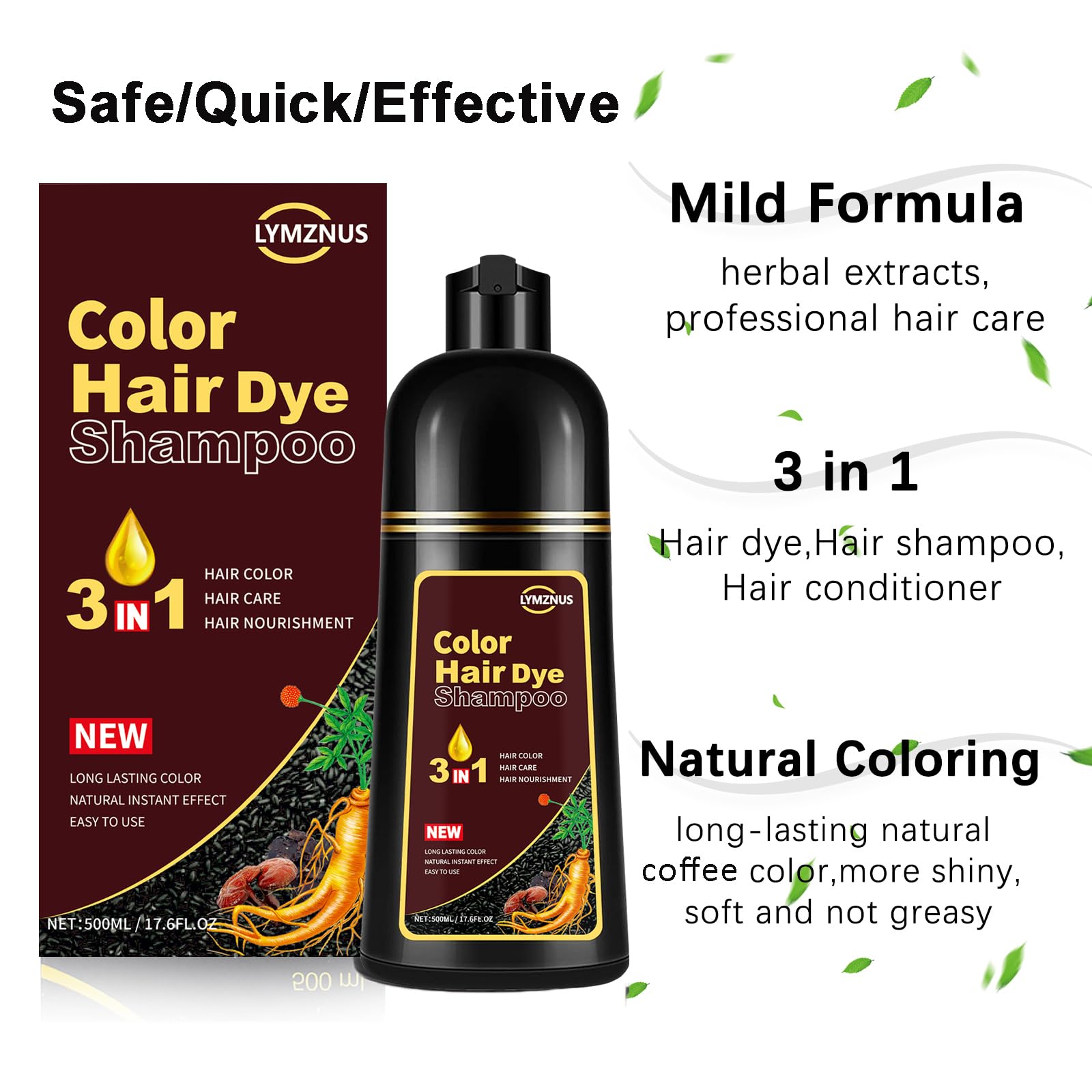 Lymznus Instant Coffee Hair Dye Shampoo 3 in 1 – Natural Coffee Brown, 500ml