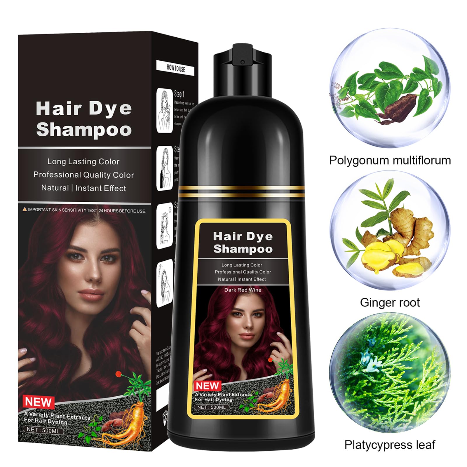 lymznus Instant Dark Wine Red Hair Dye Shampoo 3 in 1 for Gray Hair – At-Home Color, 17.6 fl oz