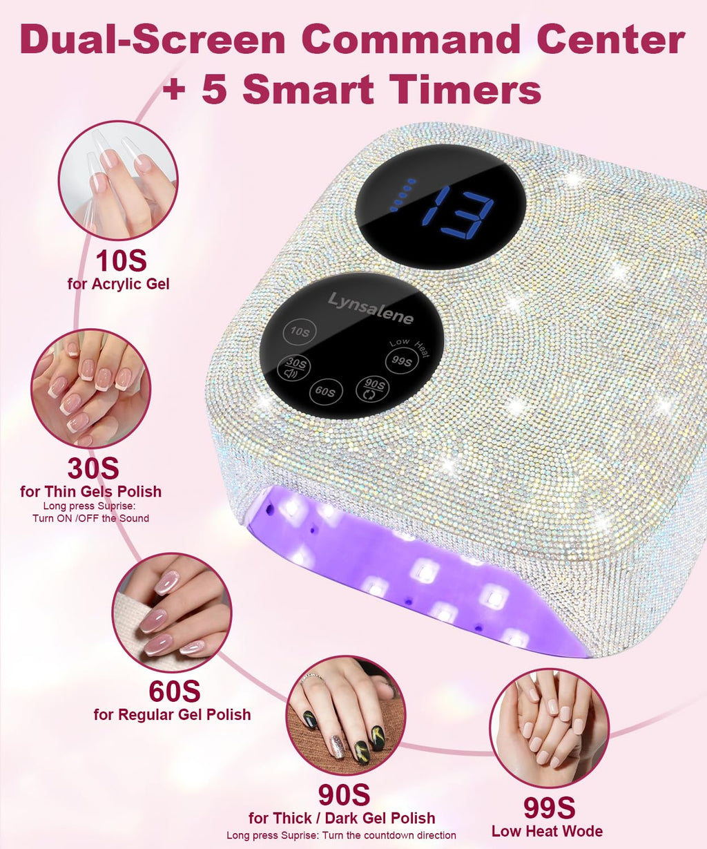 Lynsalene 80W Cordless Nail Lamp with Magnetic Detachable Base | Dual Screen Display & Gel Nail Light (Diamond)