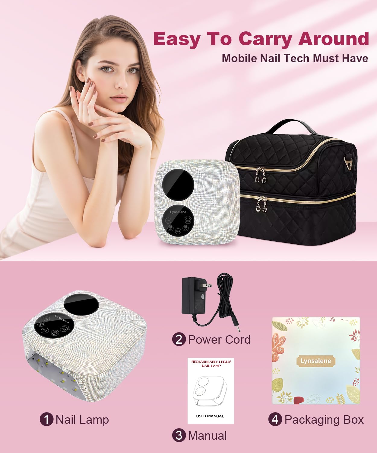 Lynsalene 80W Cordless Nail Lamp with Magnetic Detachable Base | Dual Screen Display & Gel Nail Light (Diamond)