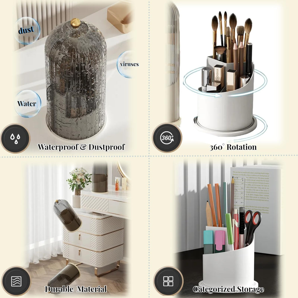 Lyoveu B-H1 Makeup Brush Holder with Dustproof Cover - 360° Rotating Organizer (Gray)