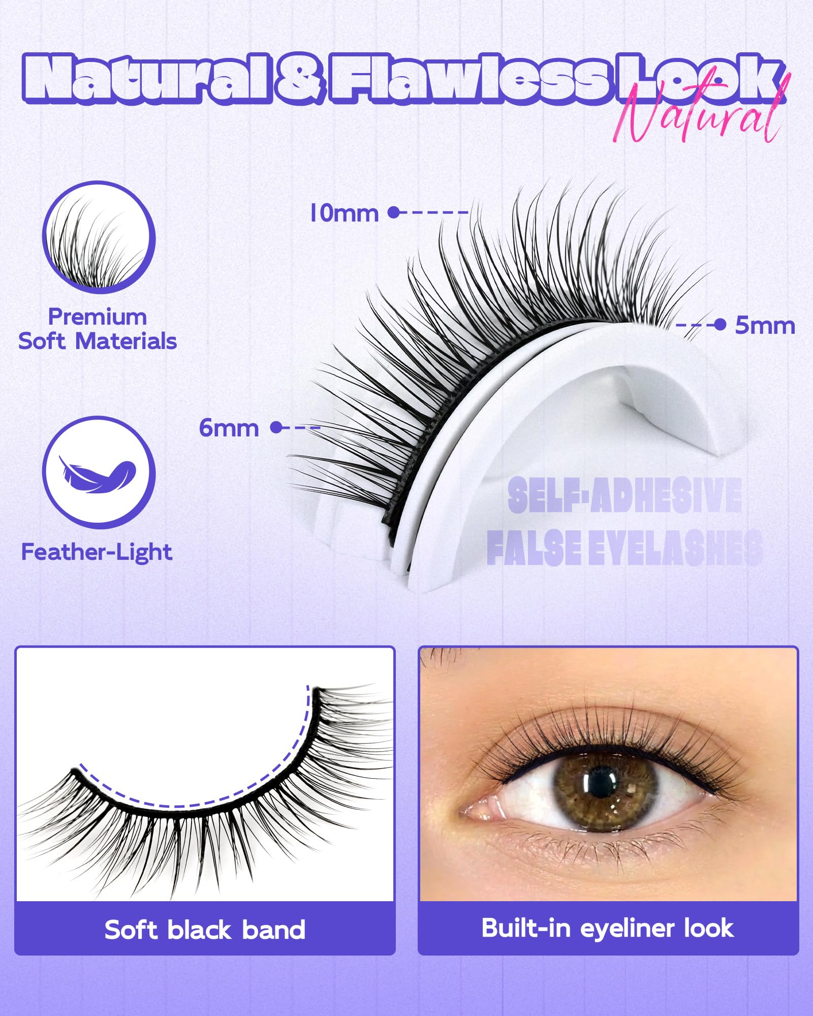 LZM Self-Adhesive Eyelashes – Glueless 7-10mm, Natural Look, All-Day Waterproof Hold + Tweezer Kit