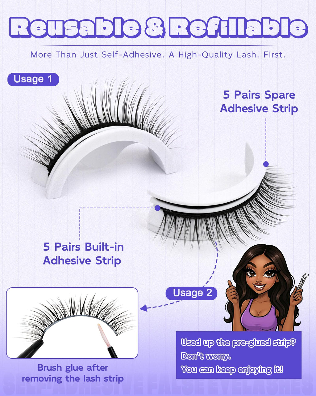 LZM Self-Adhesive Eyelashes – Glueless 7-10mm, Natural Look, All-Day Waterproof Hold + Tweezer Kit