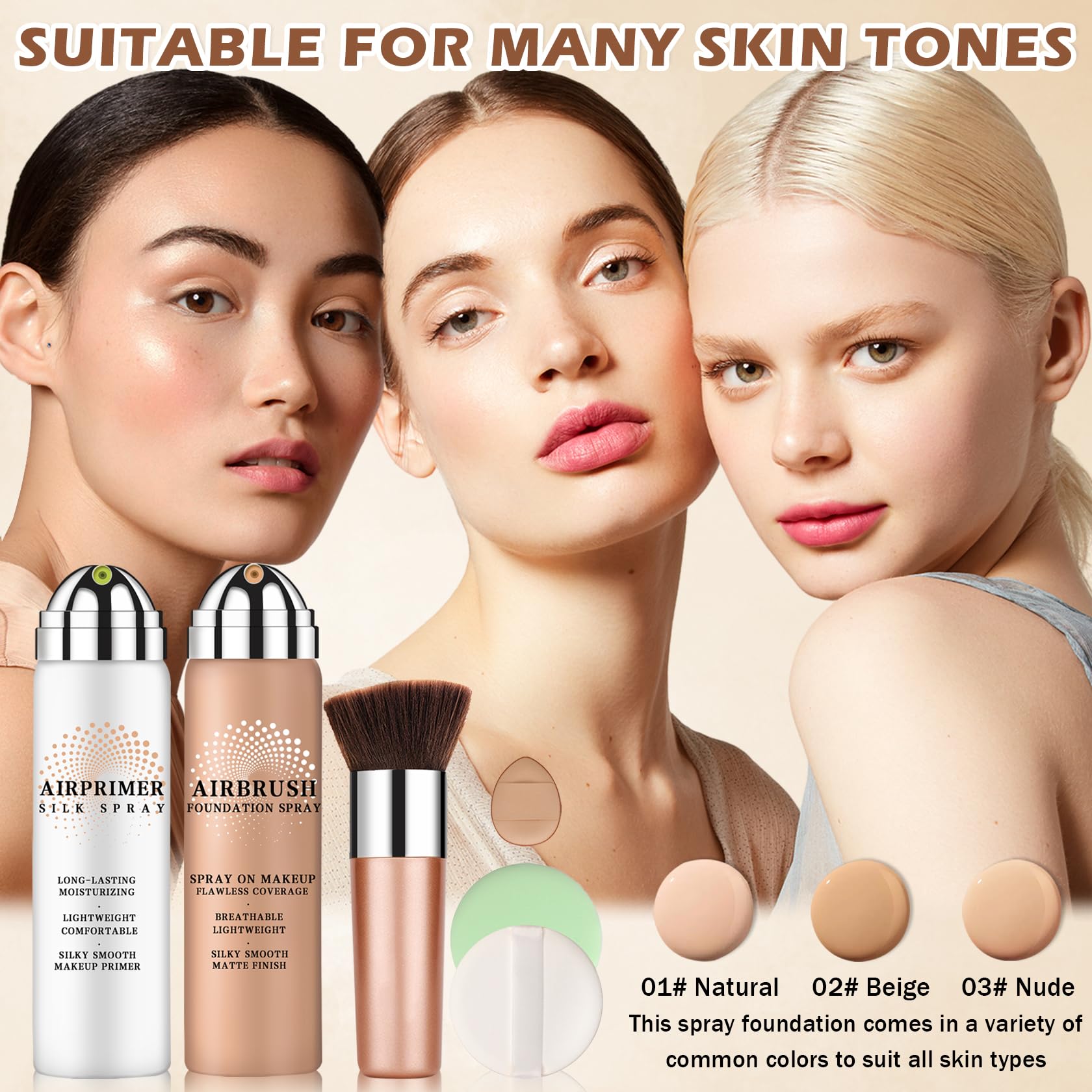 LZXLUKGIR Airbrush Foundation with Primer – Full Coverage, Breathable, Anti-Aging Formula (01 Natural)